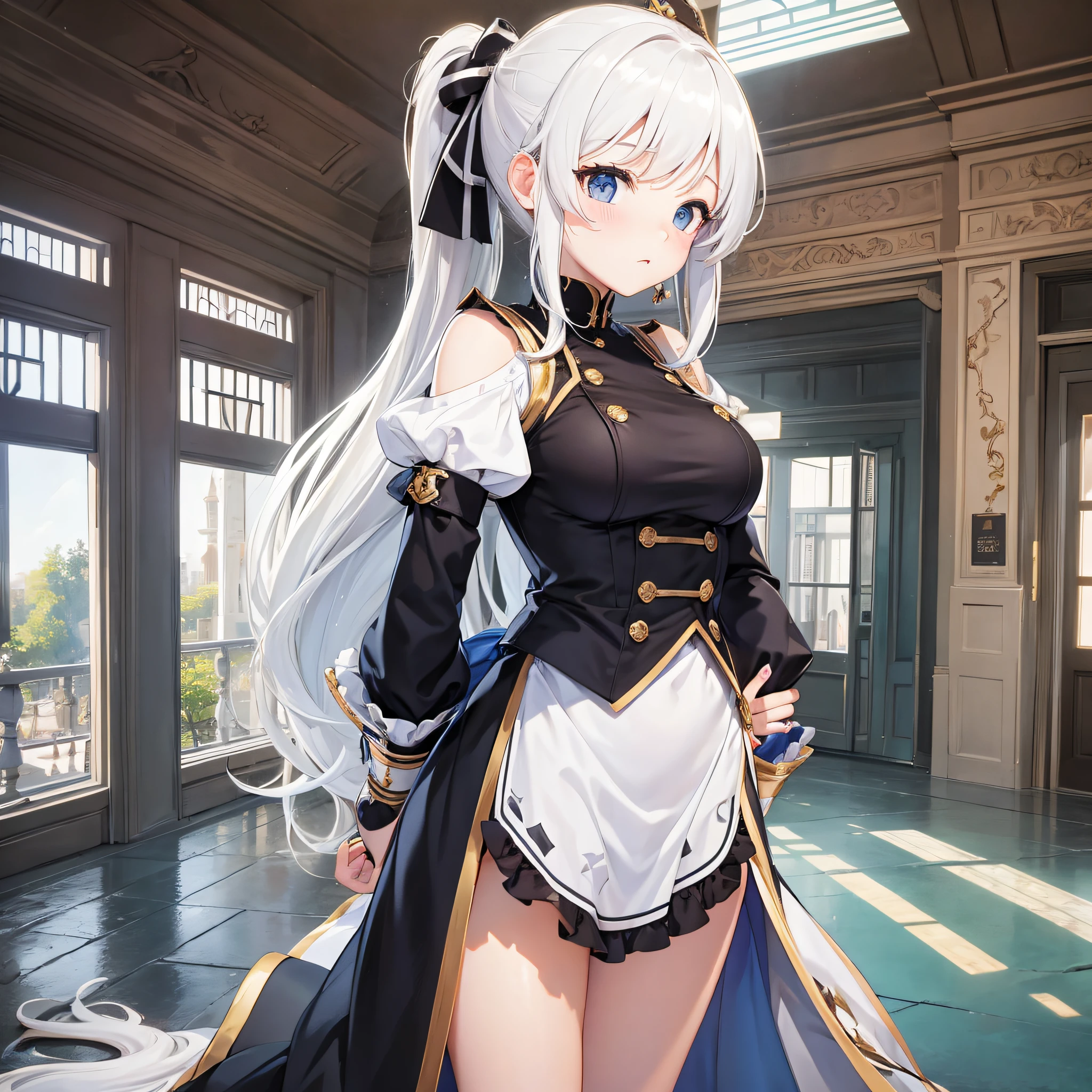 best quality, masterpiece, overexposure, curtain, loli, student, bunches, ponytail, big breasts, stand, arms behind back, photo, real, --auto --s2