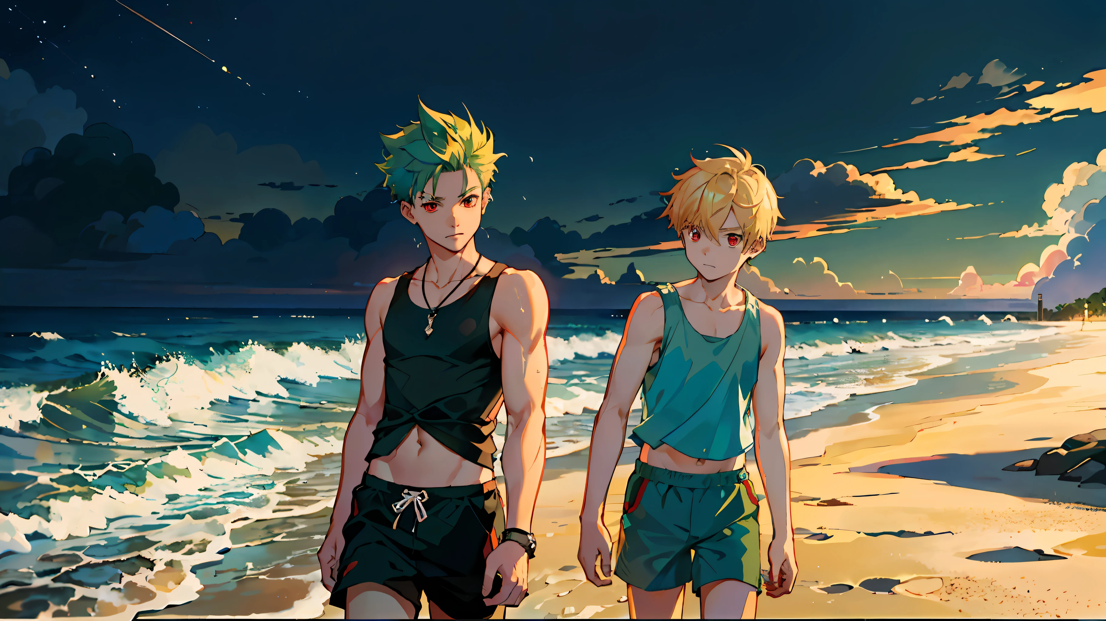 Walking on the beach, beach at dusk, sky, (masterpiece: 1.4, highest quality), (masterpiece, best quality)), two boys in tank tops and shorts are wet, (cute boy with green hair and big eyes: 1.2), (good looking boy with blond spiked hair and red eyes: 1.2)