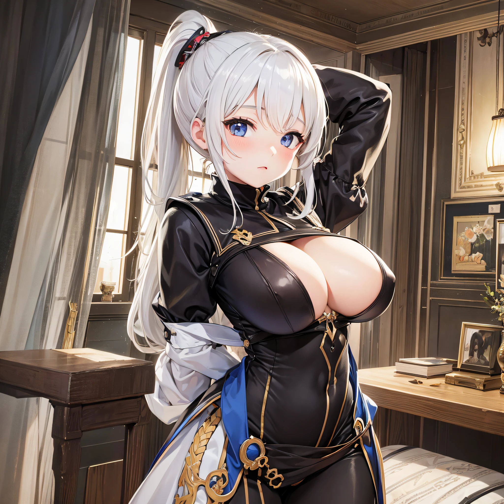 best quality, masterpiece, overexposure, curtain, , student, bunches, ponytail, big breasts, stand, arms behind back, photo, real, --auto --s2