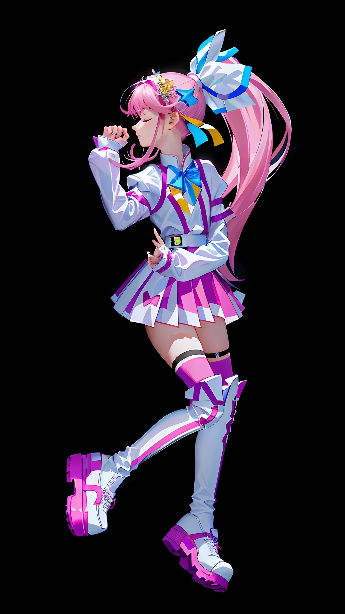 (Masterpiece: 1.5), (Best quality: 1.5), 8k,1 girl, eyes closed, mouth closed, pink hair, single ponytail, white top, pink pleated skirt, pink over-the-knee socks, white long boots, (no background: 1.5), slim legs, (cat's claw gesture: 1.5),