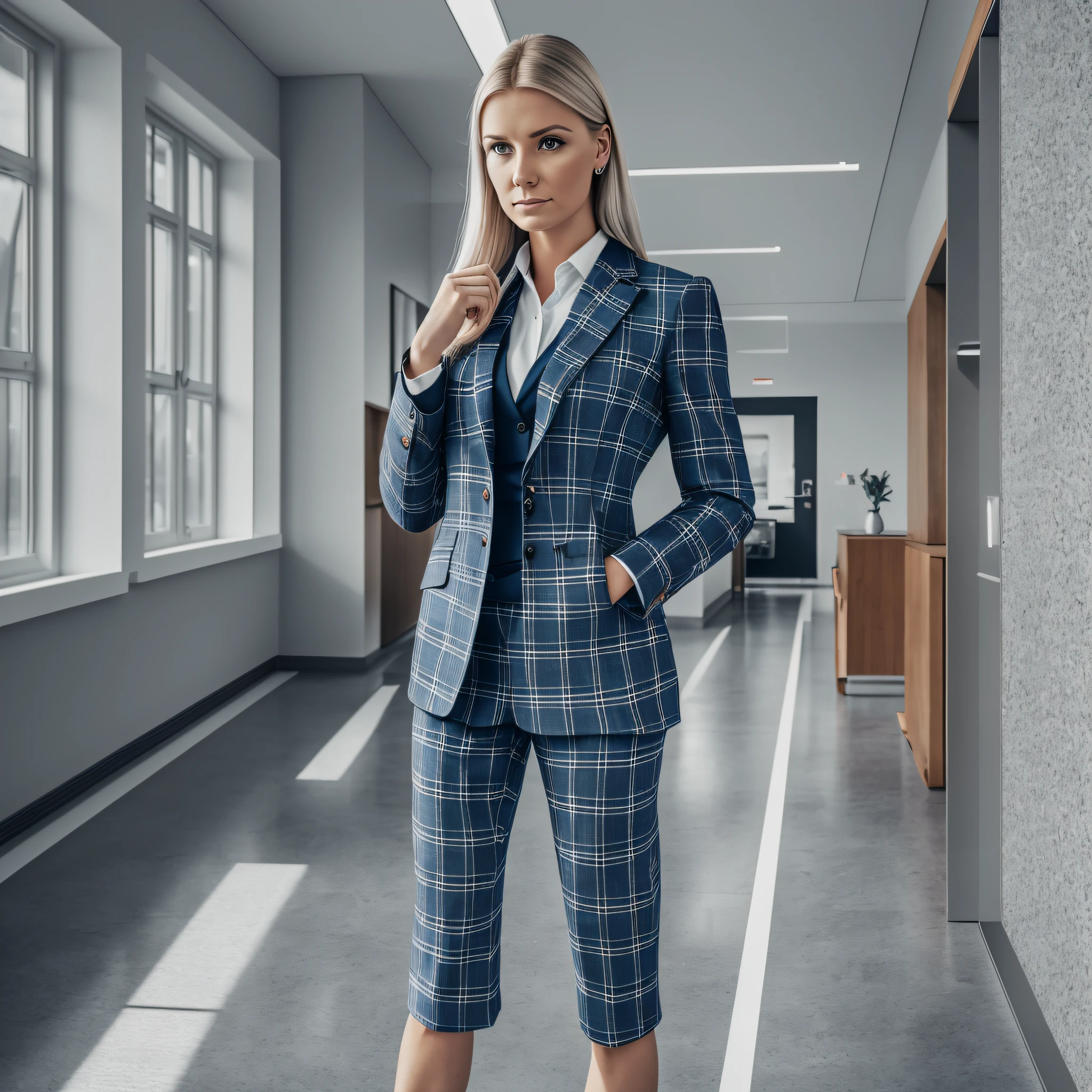 Scandinavian woman, sad, look at the viewer, left side focus, directional light, right side sonbra, APS-C, GAb, IS0, full HD, 9mm, full body, ELITE office scenario, sophisticated, 8K, wide, CLOTHING: leg, plaid suit, butterfly gavata. --auto --s2