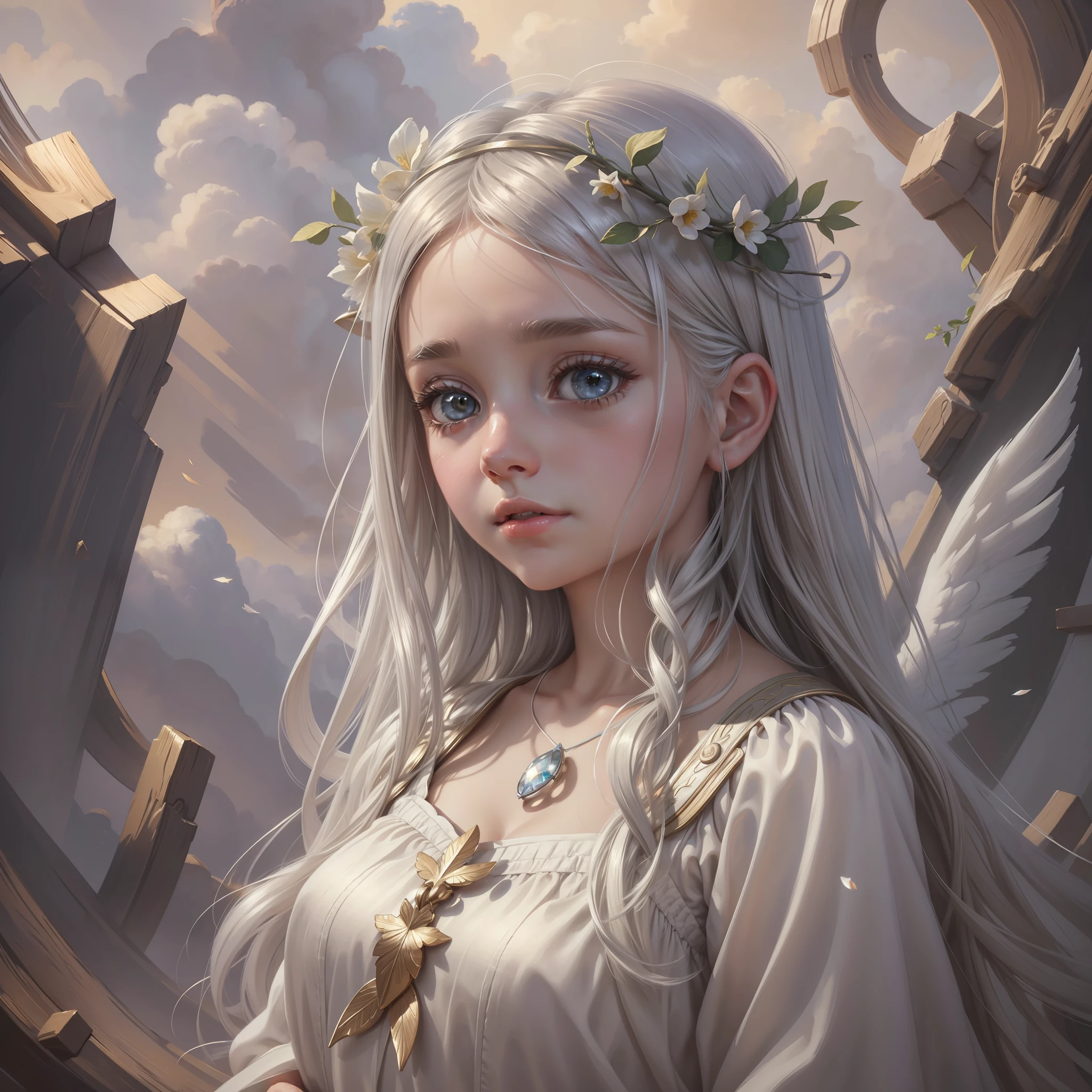 An ethereal and dreamy depiction of a beautiful Angel girl innocent, big hazel eyes full of life, silver hair girl, surrounded by a soft and gentle atmosphere that highlights his graceful and serene nature, in the clouds, halo, artstation, digital painting, trending