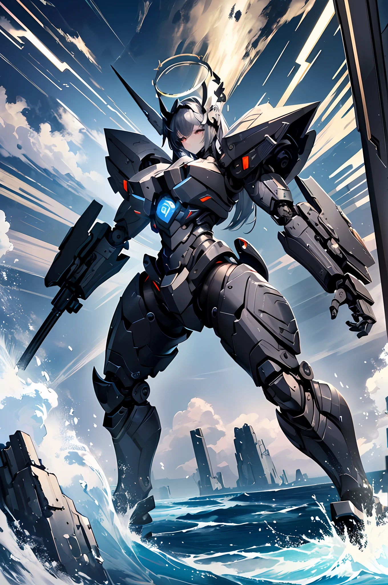 Top quality, masterpiece, highly detailed 8k wallpaper, female robot, mechanical joint limbs, the whole body is covered with heavy mechanical armor, connected cables, tubes connecting the body, long white hair, huge armor on both shoulders, huge thrusters on the hips, open stance, depiction from knees to head, floating mechanical fortress, (Sharp-angled headgear on both sides of the head:1.2), (Mechanical Giant Black Halo: 1.2), backpack weapon, Black Giant Weapon, Black Giant Canon, Black Giant Laser Rifle, Mechanical Nuclear Giant Rifle,