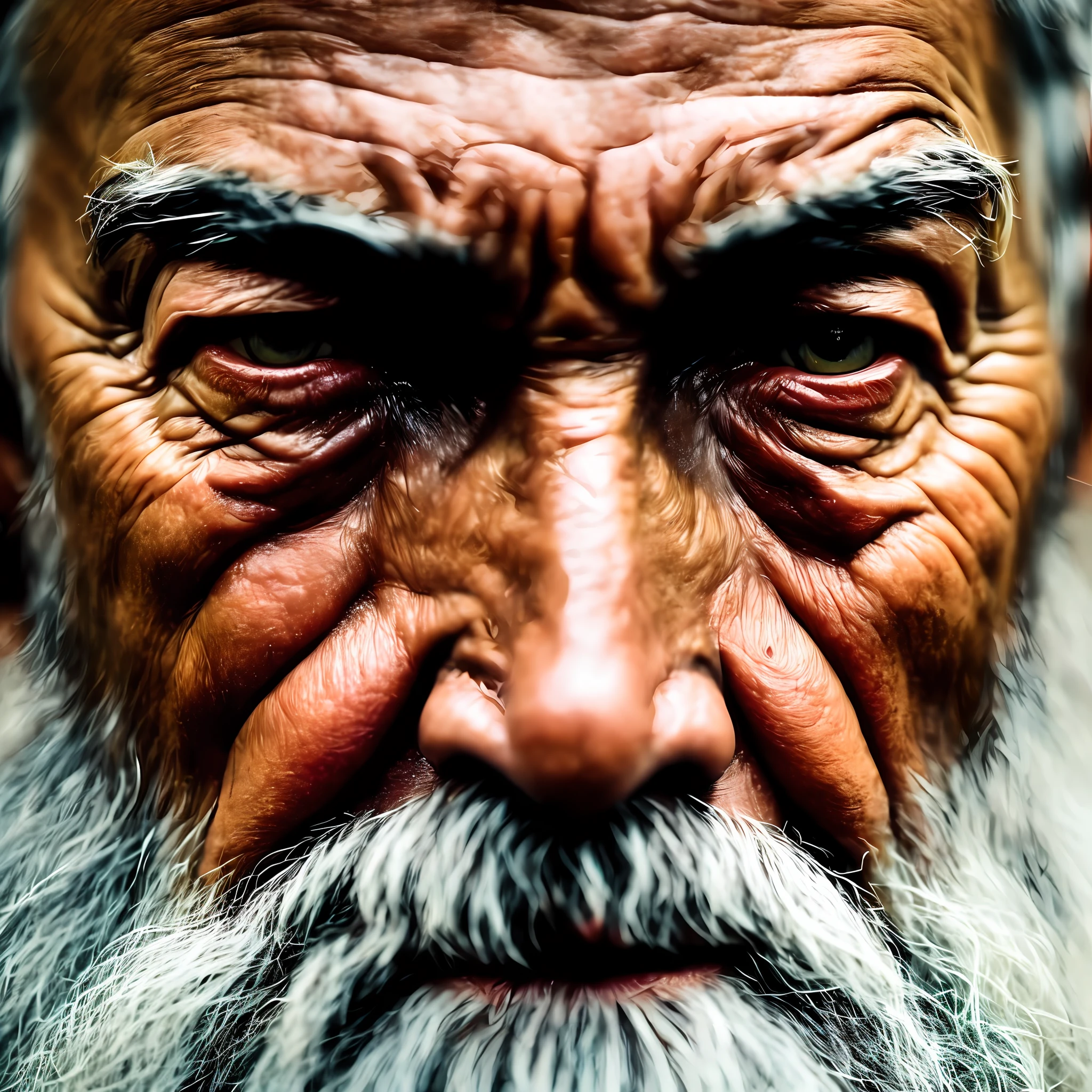 a realistic photo portrait of an old man with a gray beard, intense look, Someone