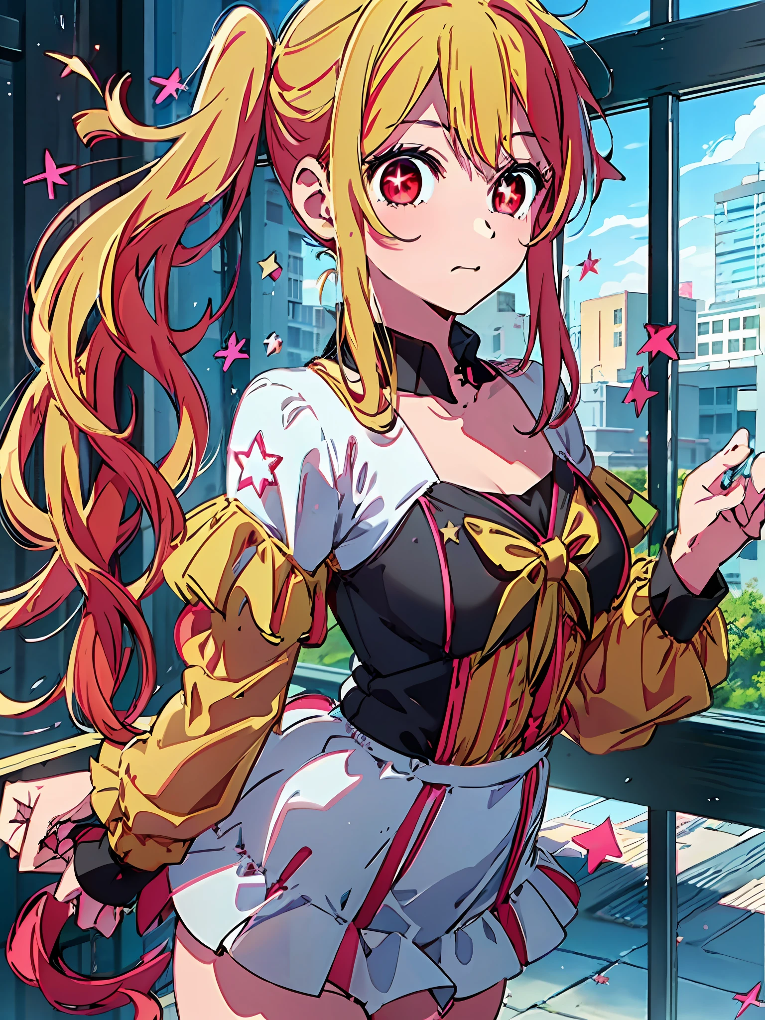 1girl (Masterpiece) (Best Quality)(Glossy hair)(Glossy skin), Ruby Hoshino, Swimsuit, 1 girl, Solo, Ruby Hoshino, Symbol-shaped pupil, (Left star pupil:1.5), Glittering eyes, (Red eyes, Left star:1.5), Symbolic eyes, Long hair, Blonde hair, Bangs, Blush, (Side ponytail: 1.1), baggy clothes, baggy pants, side tie panties、Wet clothhes、barefoot