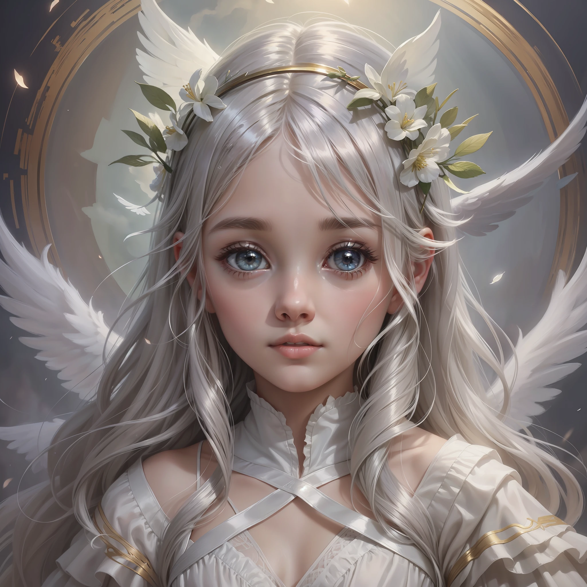 An ethereal and dreamy depiction of a beautiful Angel  girl innocent, big hazel eyes full of life, silver hair girl, surrounded by a soft and gentle atmosphere that highlights his graceful and serene nature, in the clouds, halo, artstation, digital painting, trending