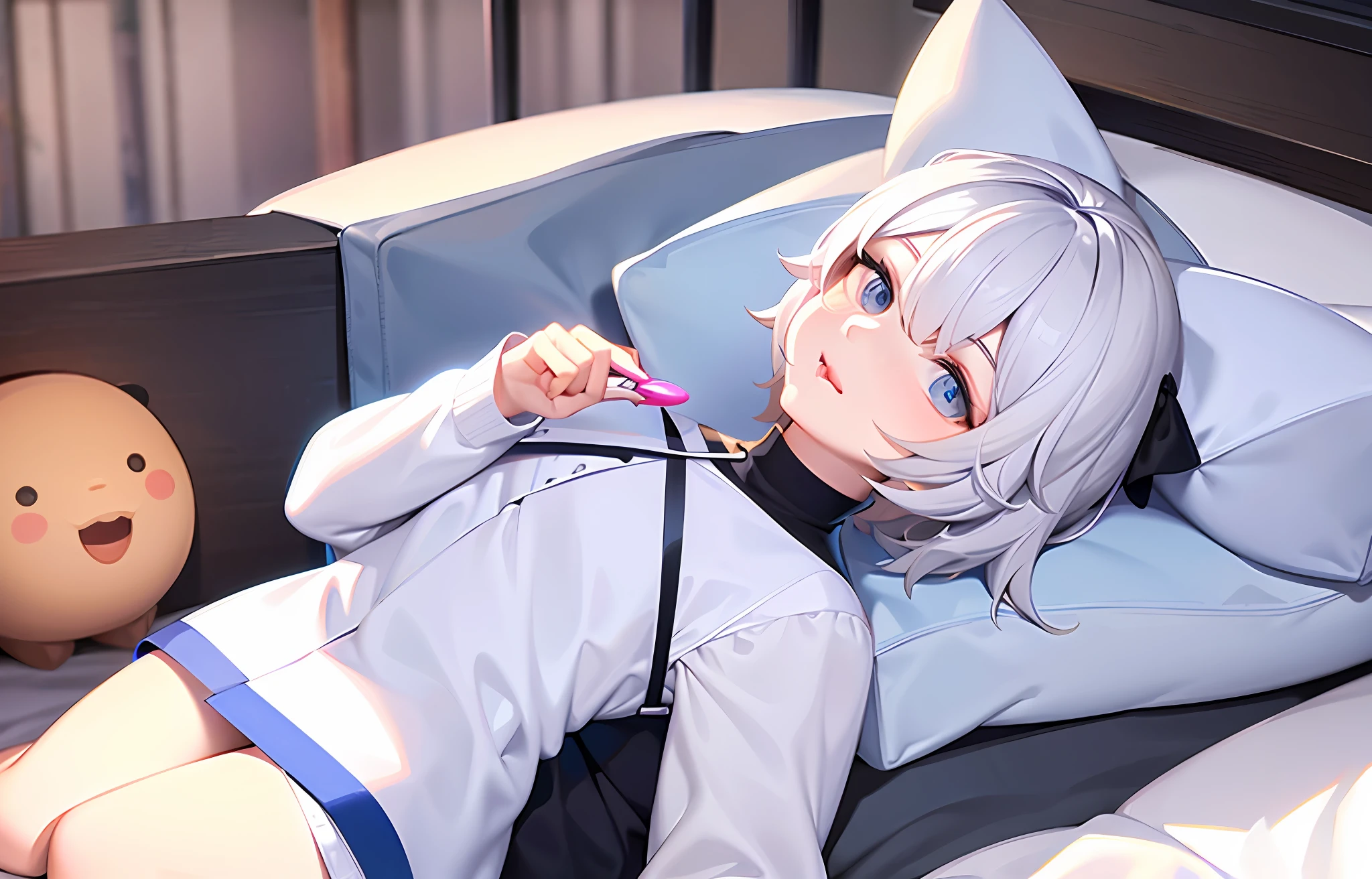 A boy, short hair, white half sleeves, white shorts, big watery blue eyes, cherry small mouthful, holding a lollipop, tongue licking lollipop, cute and cute, little Shota, indoors, bed in bedroom, black sky, moon stars in the sky, darker light, sitting on bed, closer, full body shot, medium shot, character facing the lens, straight to take photos, high image quality, two-dimensional, cute wind