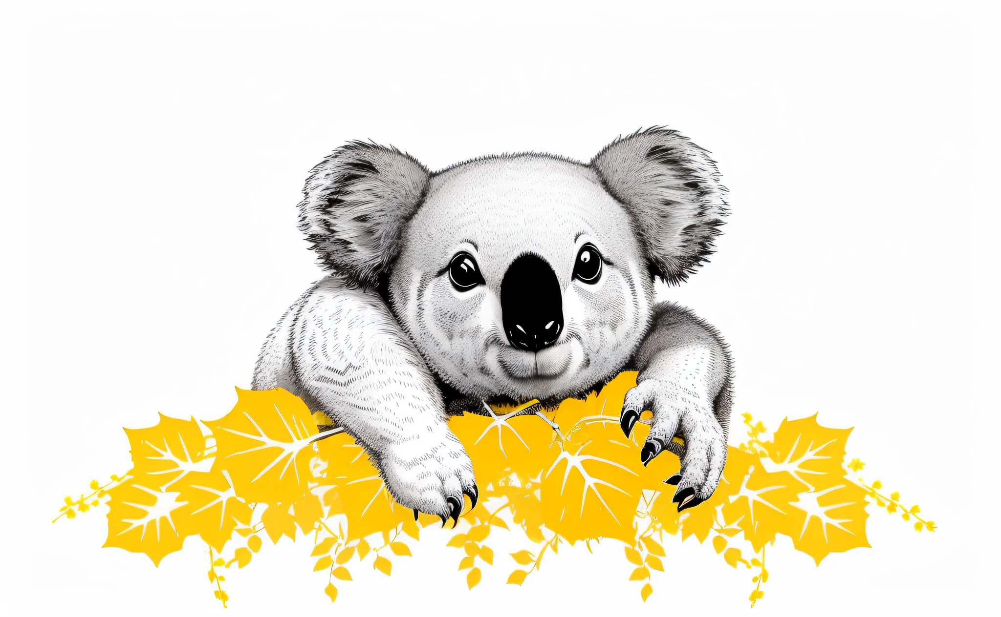 There is a koala sitting on the branch of a vine, black and white line drawing, details --auto --s2