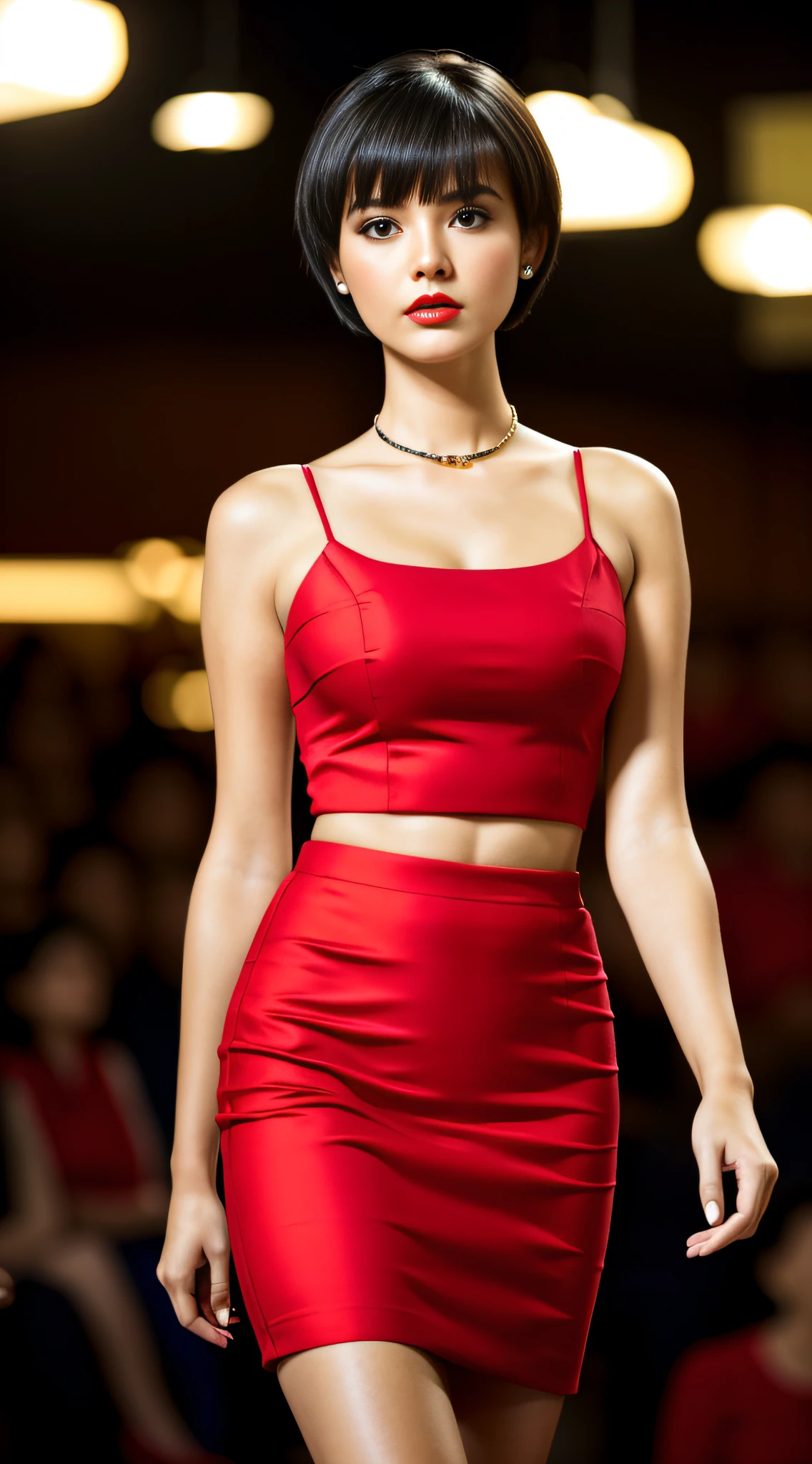 AS MidAage, close-up photography, sexy, short hair, black hair, high heels, makeup, red lips, Hong Kong's background at night, shirt, Pencil skirt, jewelry, body towards the audience, looking at the audience, surreal, {an extremely delicate and beautiful girl}, 4k wallpaper, {{{masterpiece}}}}, whole body: 1.6), standing, walking
