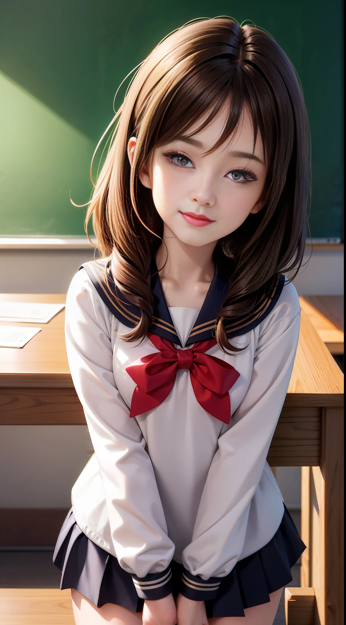 Brunette hair, heart-shaped pupils, smile, anime, depth of field, first-person perspective, UHD, classroom, sun, bright, sailor suit, writing on blackboard