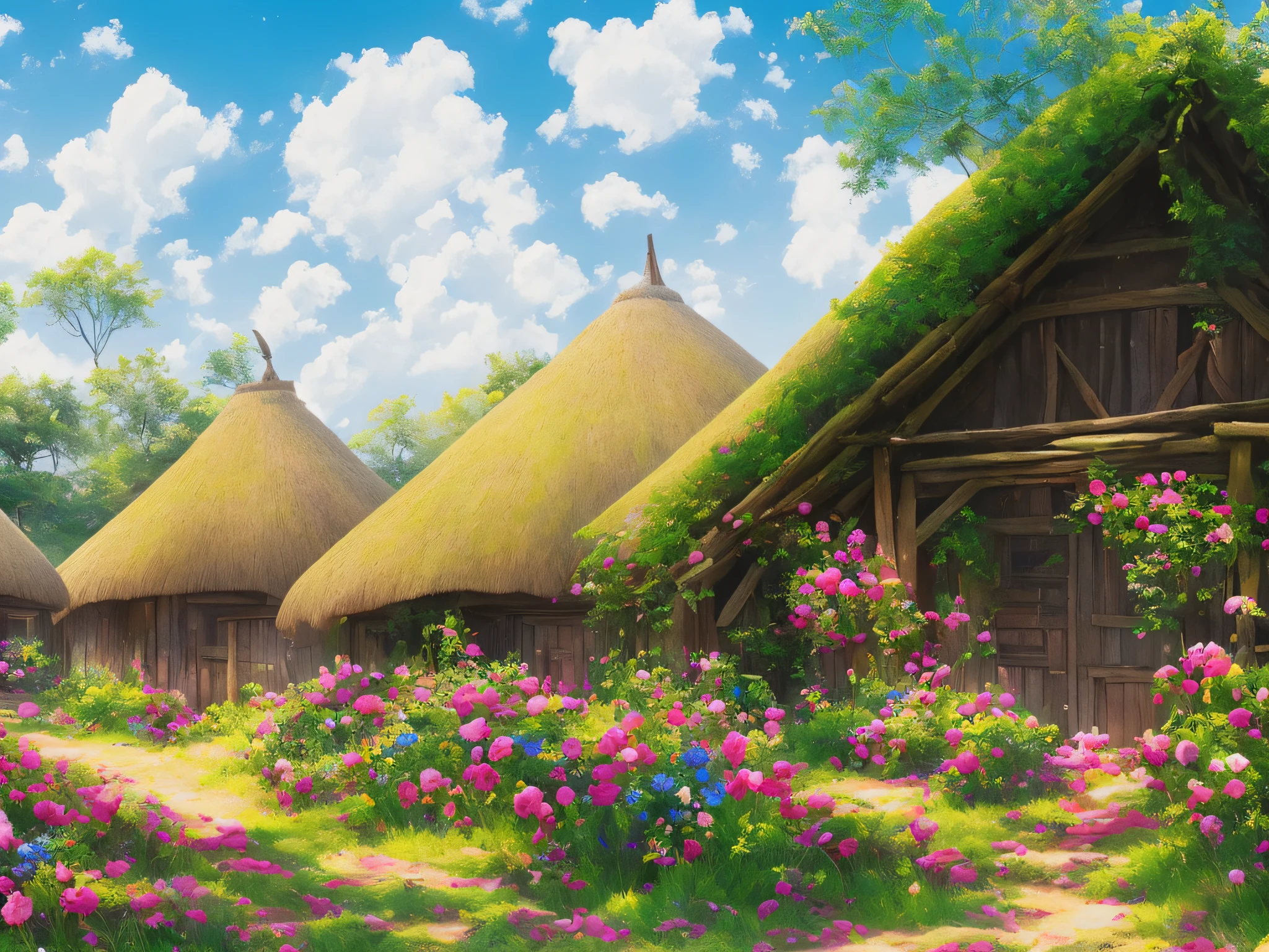 In the forest, around the thatched huts, overgrown with beautiful pink roses, blue sky, white clouds, high definition --auto --s2