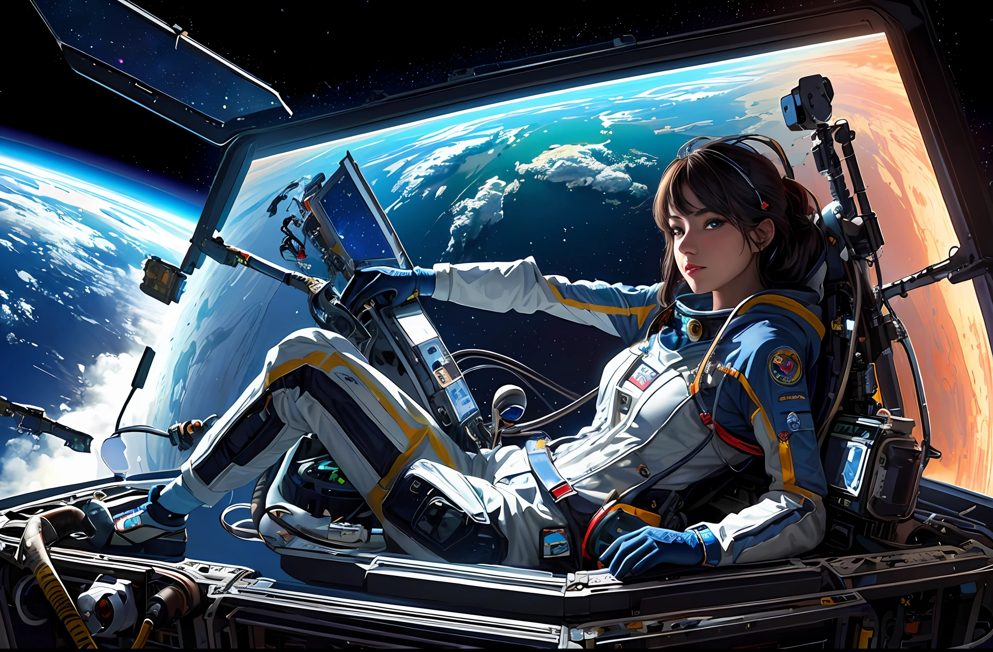 (masterpiece, top quality, best quality, extreme detailed, highest detailed, official art, beautiful and aesthetic:1.2), colorful, cowboy shot, beautiful face, solo, perfect body, beautiful eyes, 1girl, in space, spacecraft, spacesuit, indoors, (wires and cables:1.1), (science fiction:1.2), porthole, (space in illuminator:1.1), stars