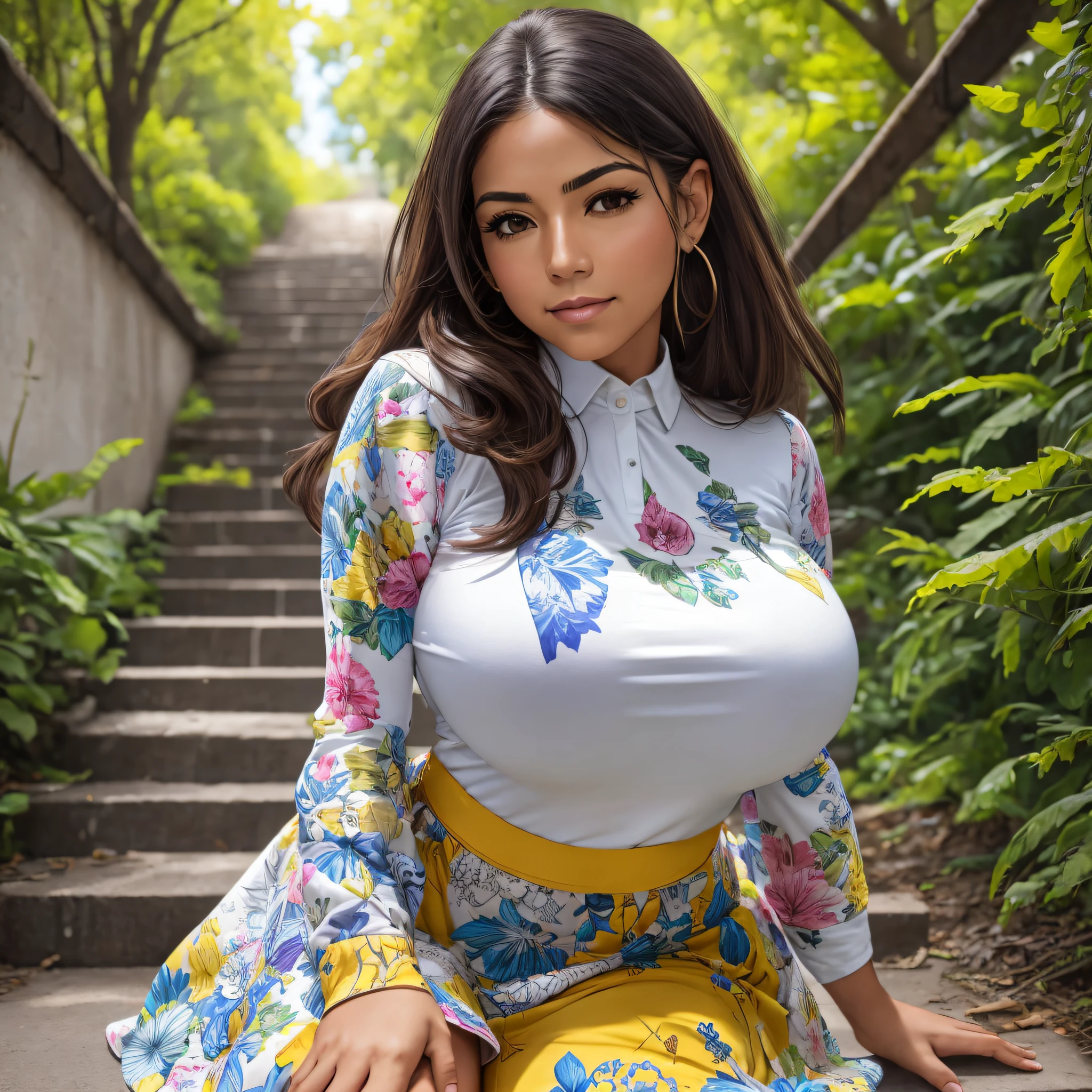 Latina woman, ordinary, broad, bulky, arms not muscle, big legs round, strong, wide hips, GG breasts, fallen, sitting on a staircase in the street, vertical focus, camera from bottom to top, she looks at the camera one of her eyes closed, mouth with side smile. CLOTHING: round skirt, chess, vermilion, white printed white blouse. ULTRA HD, ISO, GAB, shade progetada atraz, strong sunlight to pin, yellowish glow, RGB, soft, 1.900x1900, with trees and idrante, utra realistic. 4V. --auto --s2