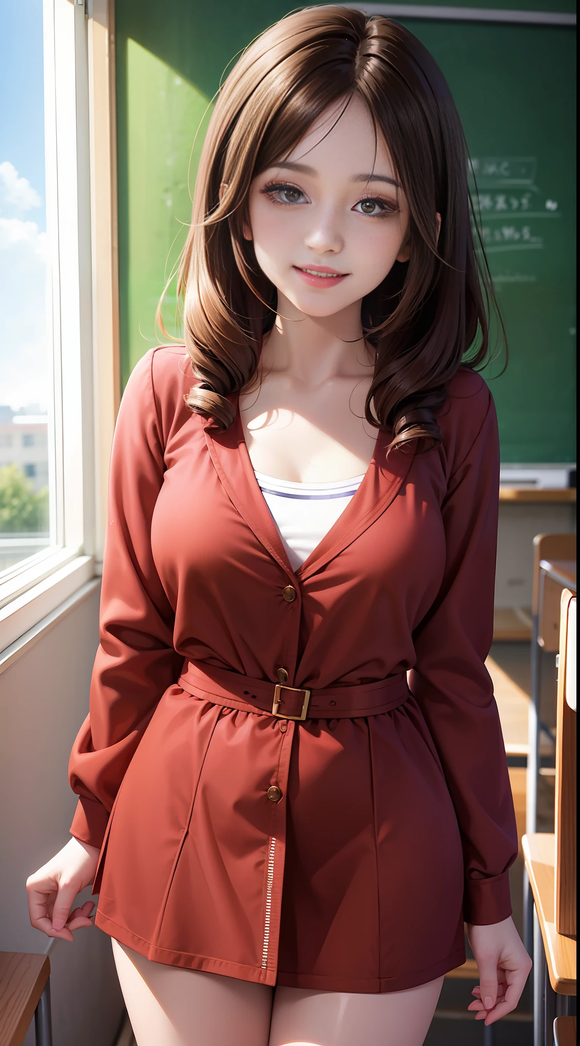 Brunette hair, heart-shaped pupils, smile, anime, depth of field, first-person perspective, UHD, classroom, sunny, bright