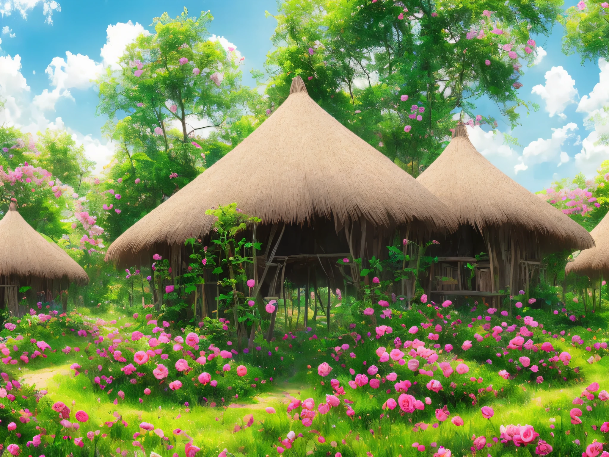 In the forest, around the thatched huts, overgrown with beautiful pink roses, blue sky, white clouds, high definition --auto --s2