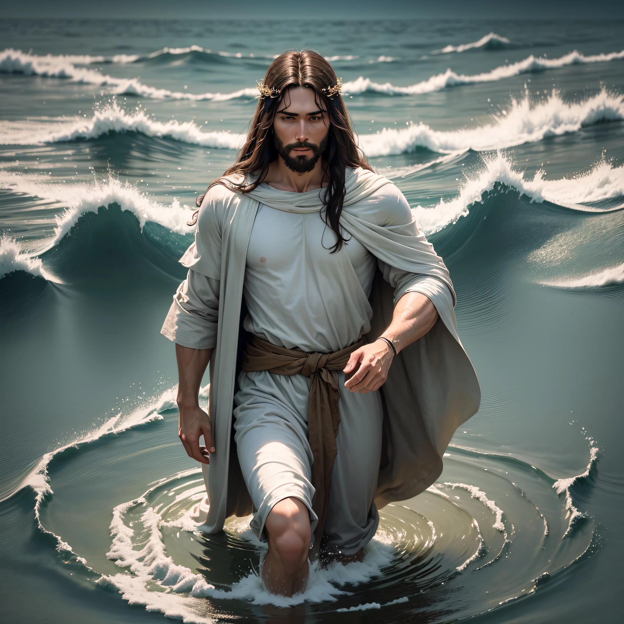 (man, 25 years old, Jesus Christ walking on water, enchanted, realistic, moving and inspiring Christian aura, cinematic ) --auto --s2
