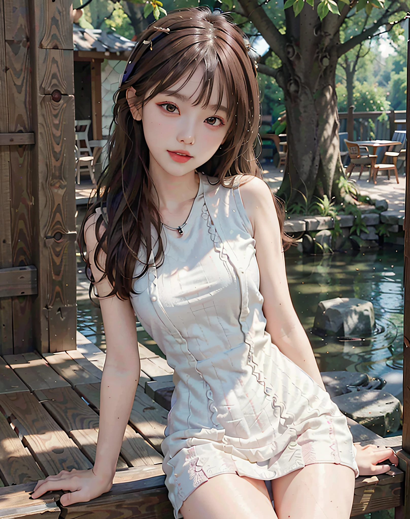 8k,(RAW photo),(best quality), (photo-realistic:1.4),realistic skin texture 1girl,Cute,Double eyelid,bangs,full body,petite,Thin leg,(Slender figure),slim,smile,headgear,earrings,necklace,looking at looking at viewer,face focus,depth of field,club ,(Bust Up Shot:1),Bokeh,,