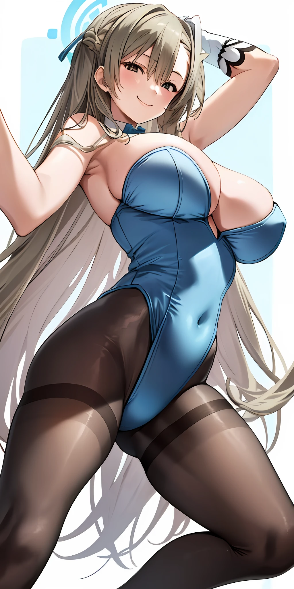 1girl, solo, asuna, long hair, large breasts, cleavage, (blue bunnysuit, pantyhose), thighs, smiling, erotic pose, crotch, (from below view)