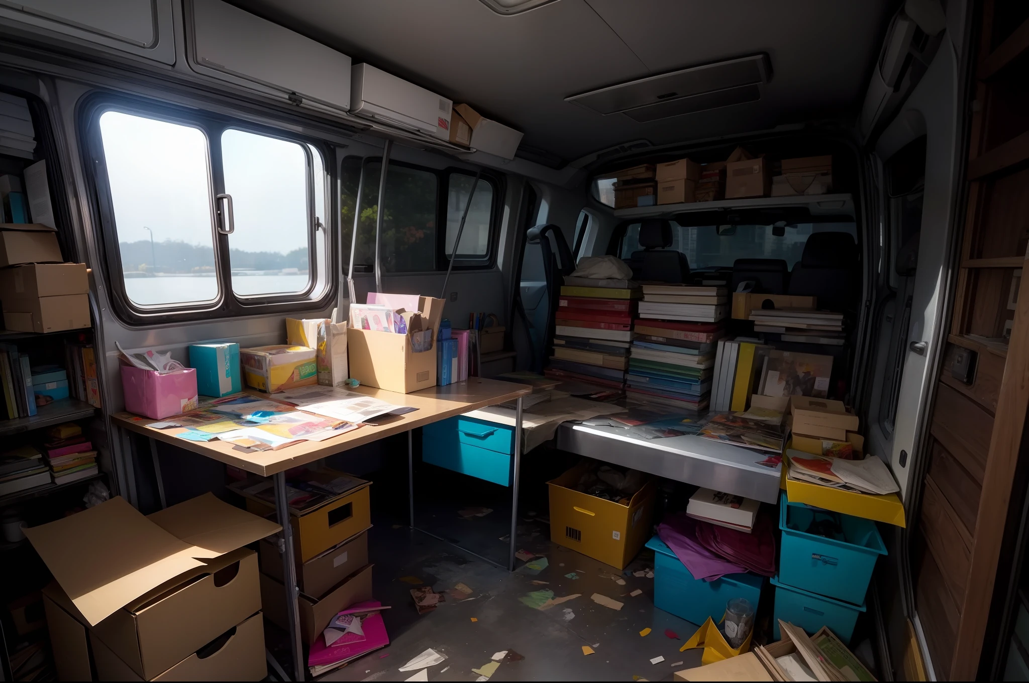 1vehicle, interior of van, messy. Leaning piles of boxes, cosplay props, outfits, dresser, books, manga. Colorful mess (masterpiece:1.2), (best quality:1.3)
