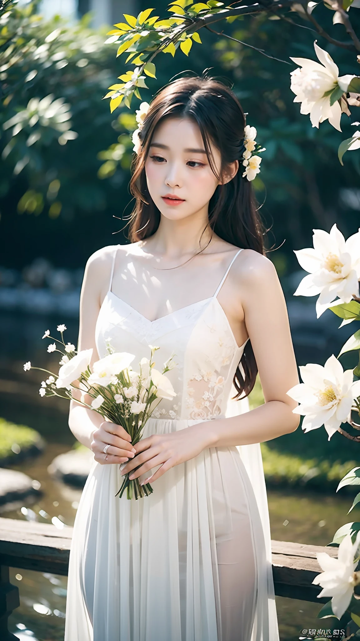 there is a woman in a white dress holding a flower, ethereal beauty, a stunning young ethereal figure, ethereal fairytale, ethereal and dreamy, guweiz, with frozen flowers around her, beautiful maiden, very ethereal, with ethereal light, dreamy and ethereal, soft ethereal lighting, with flowers, ethereal fantasy, romanticism lain, ethereal!!!!!!!, dreamy atmosphere and drama