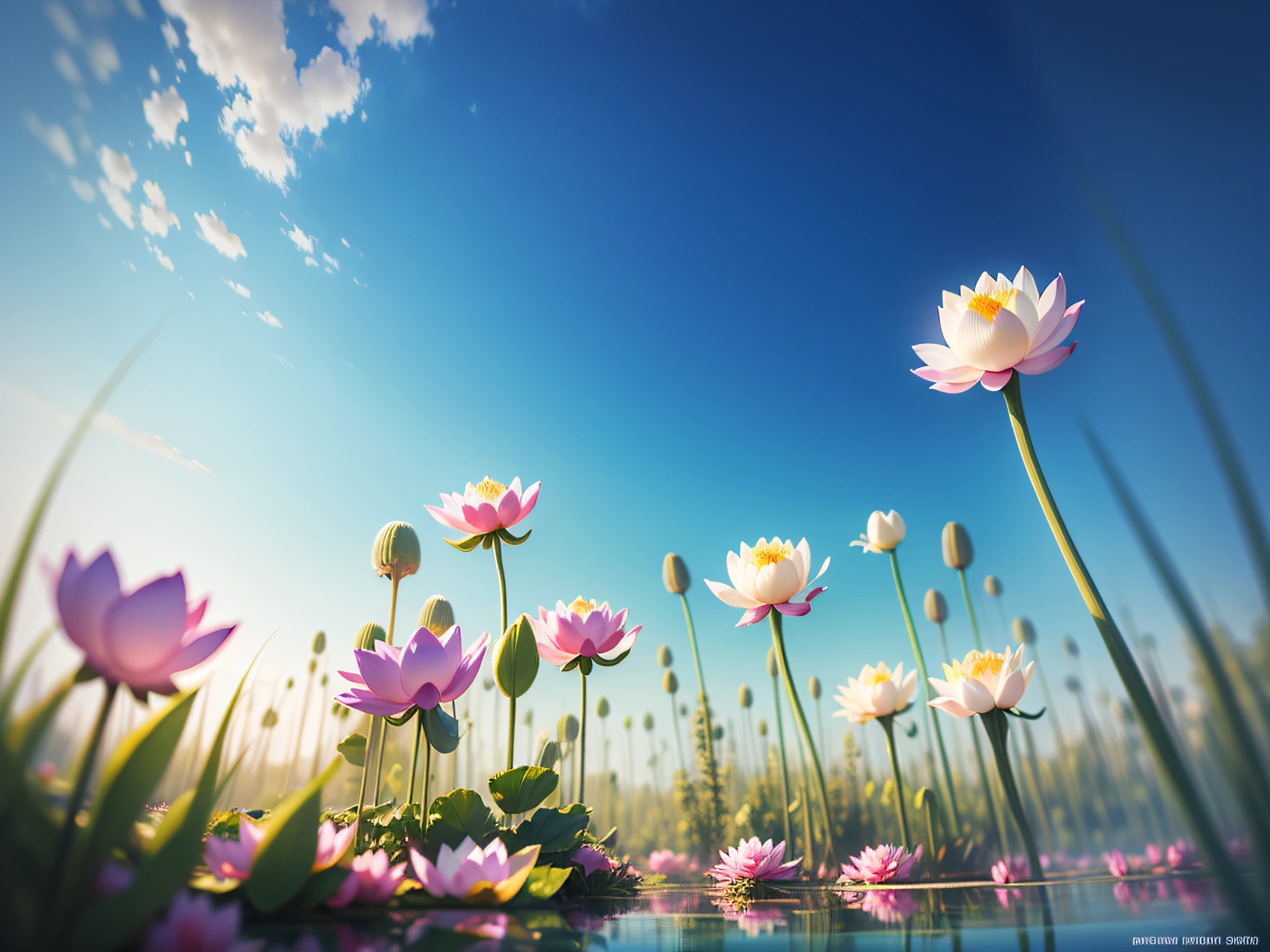 Under the blue sky, clear pond, transparent lotus, HD, telephoto lens --auto --s2