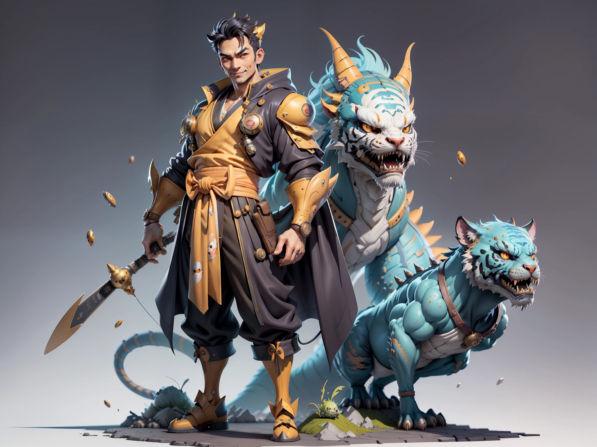 (Masterpiece), (Excellent), (Super Meticulous), (Full Body: 1.2), Super Young Man with Japanese Female Geisha, Beauty, Chinese Dragon, Tiger, Wind God Thor, Sexy, Bursting, Oriental Face, TV Anchor, Bust Portrait Illustration, Black Suit, Blue Tie, Slightly Chubby, Very Clean Face, No Beard, Black Super Short Hair, Black Eyes, Confident Smile, 3c Computer Sub-Products, iPad, iPhone, Digital Painting, 3D Character Design by Mark Claireden and Pixar and Hayao Miyazaki and Akira Toriyama, The illustration is a high-definition illustration in 4K resolution with very detailed facial features and cartoon-style visuals.