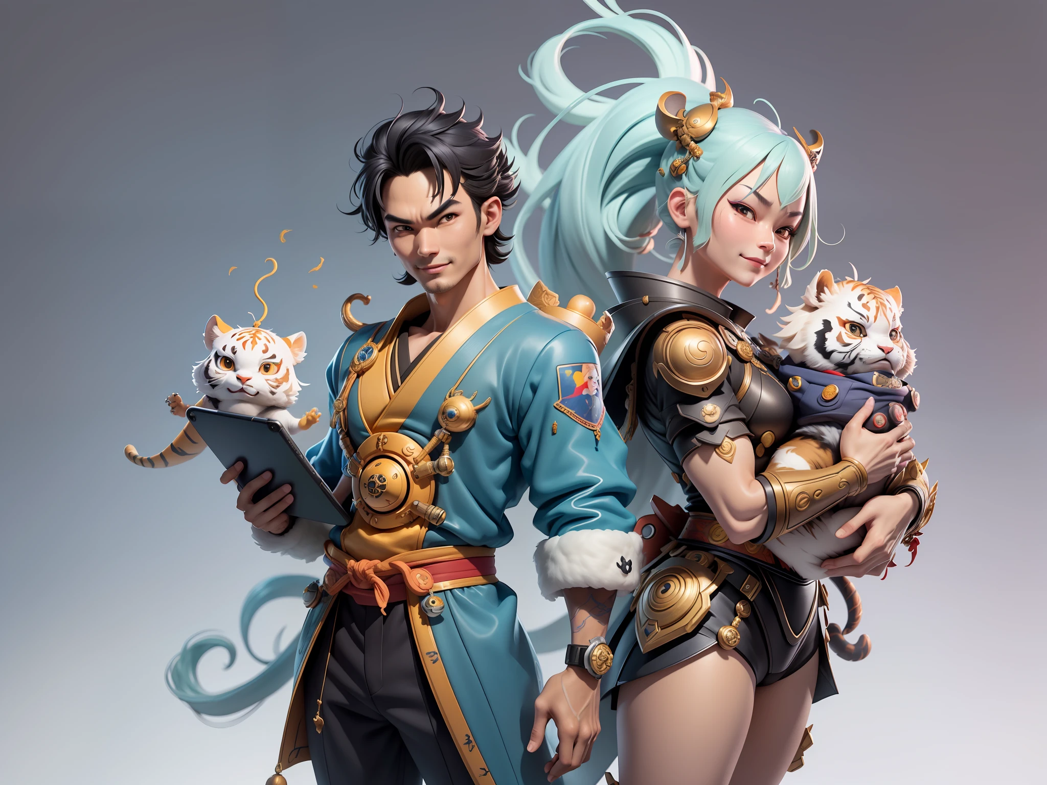 (Masterpiece), (Excellent), (Super Meticulous), (Full Body: 1.2), Super Young Man with Japanese Female Geisha, Beauty, Chinese Dragon, Tiger, Wind God Thor, Sexy, Bursting, Oriental Face, TV Anchor, Bust Portrait Illustration, Black Suit, Blue Tie, Slightly Chubby, Very Clean Face, No Beard, Black Super Short Hair, Black Eyes, Confident Smile, 3c Computer Sub-Products, iPad, iPhone, Digital Painting, 3D Character Design by Mark Claireden and Pixar and Hayao Miyazaki and Akira Toriyama, The illustration is a high-definition illustration in 4K resolution with very detailed facial features and cartoon-style visuals.