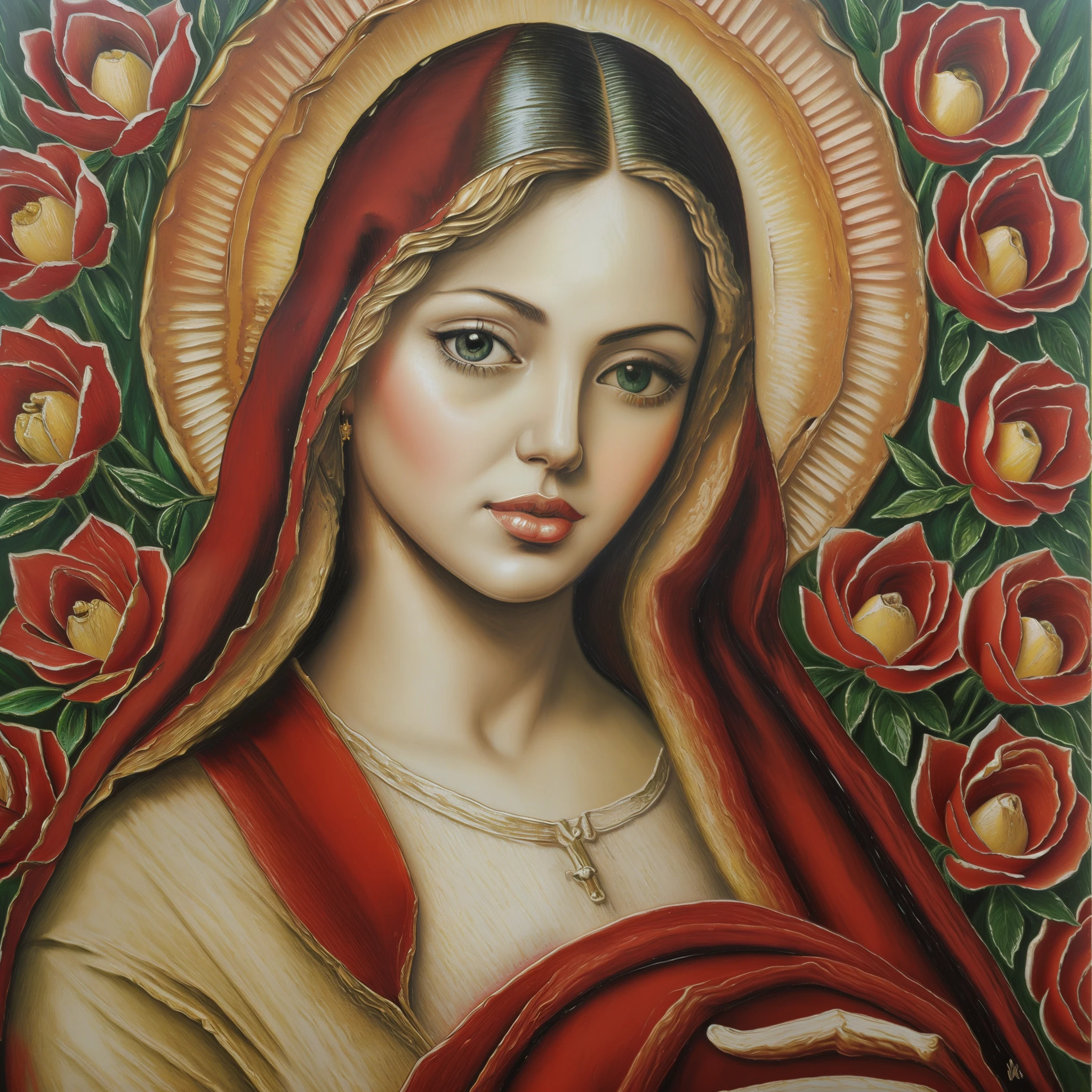 Virgin Mary, Our Lady, Catholic Christian image, oil painting, rosas vermelhas, branco purificação --auto --s2