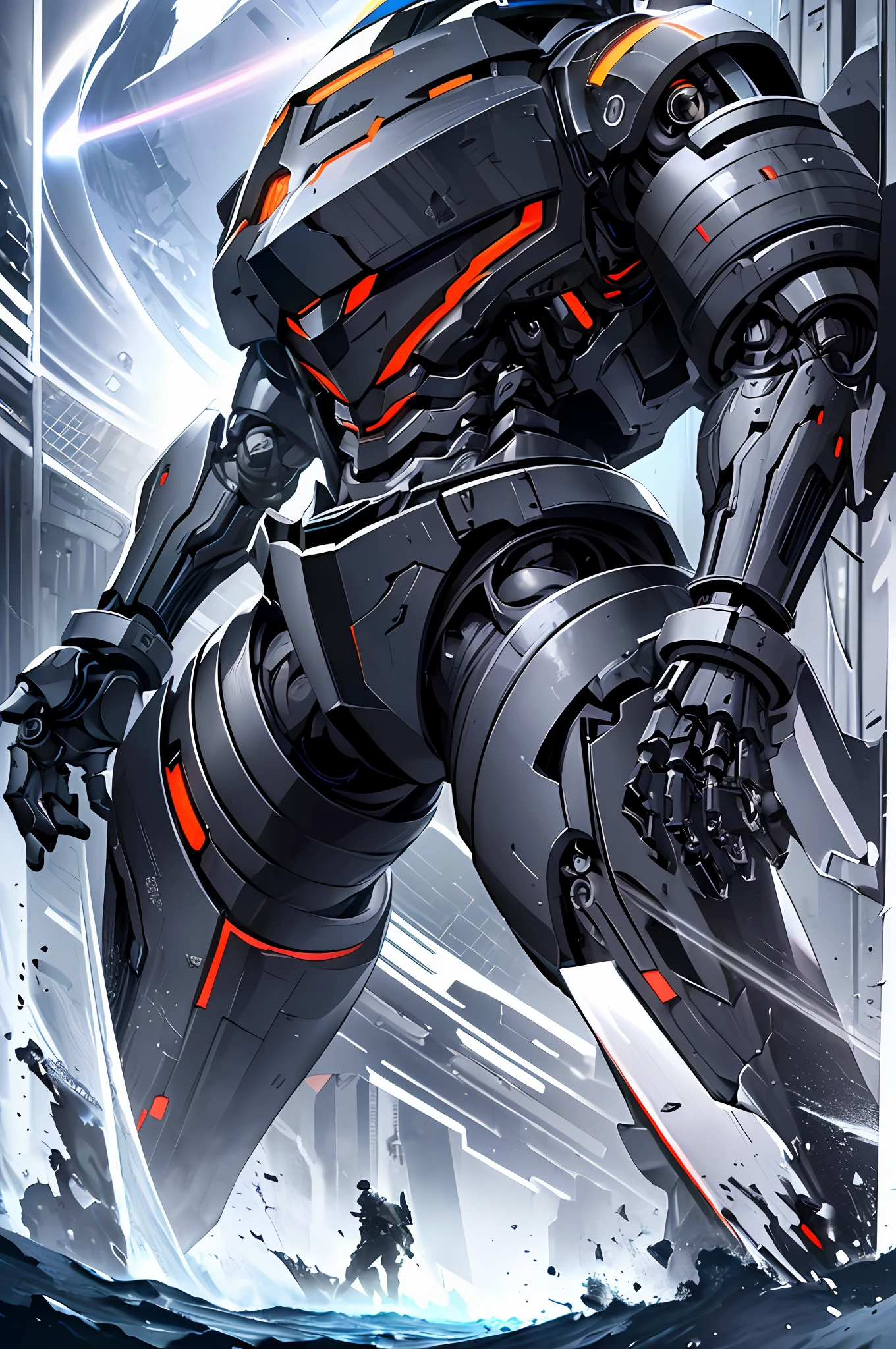 Top quality, masterpiece, highly detailed 8k wallpaper, female robot, mechanical joint limbs, the whole body is covered with heavy mechanical armor, connected cables, tubes connecting the body, long white hair, huge armor on both shoulders, huge thrusters on the hips, open stance, depiction from knees to head, floating mechanical fortress, (Sharp-angled headgear on both sides of the head:1.2), (Mechanical Giant Black Halo: 1.2), backpack weapon, Black Giant Weapon, Black Giant Canon, Black Giant Laser Rifle, Mechanical Nuclear Giant Rifle,
