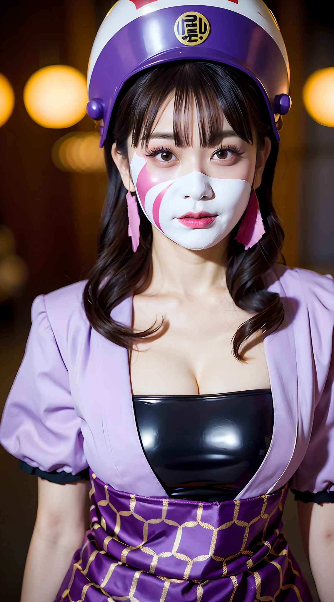 Kabuki makeup, dictator and audience, big, madness, American football helmet, face guard, purple face paint, mask, fishnet stockings, thousand chrysanthemum flowers on background, national costume,