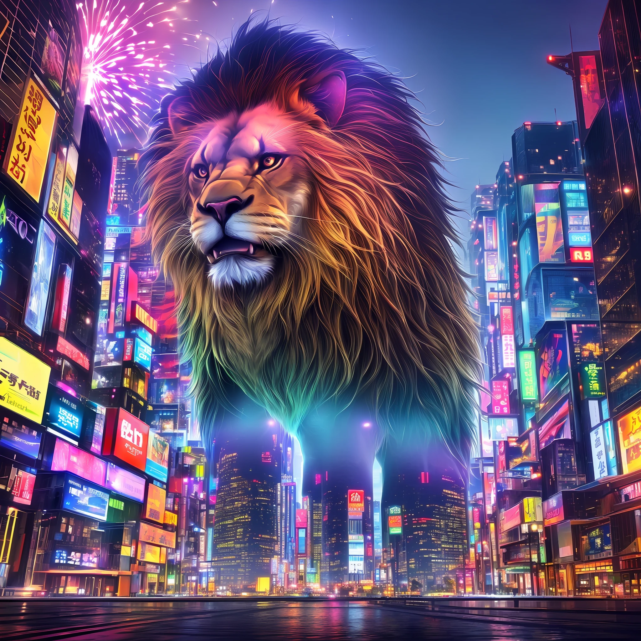 A stunning view of Tokyo at night, with a lion standing in the center of the cityscape, surrounded by a sea of vibrant lights. Rendered in 3D with realistic textures and vivid colors. --auto --s2