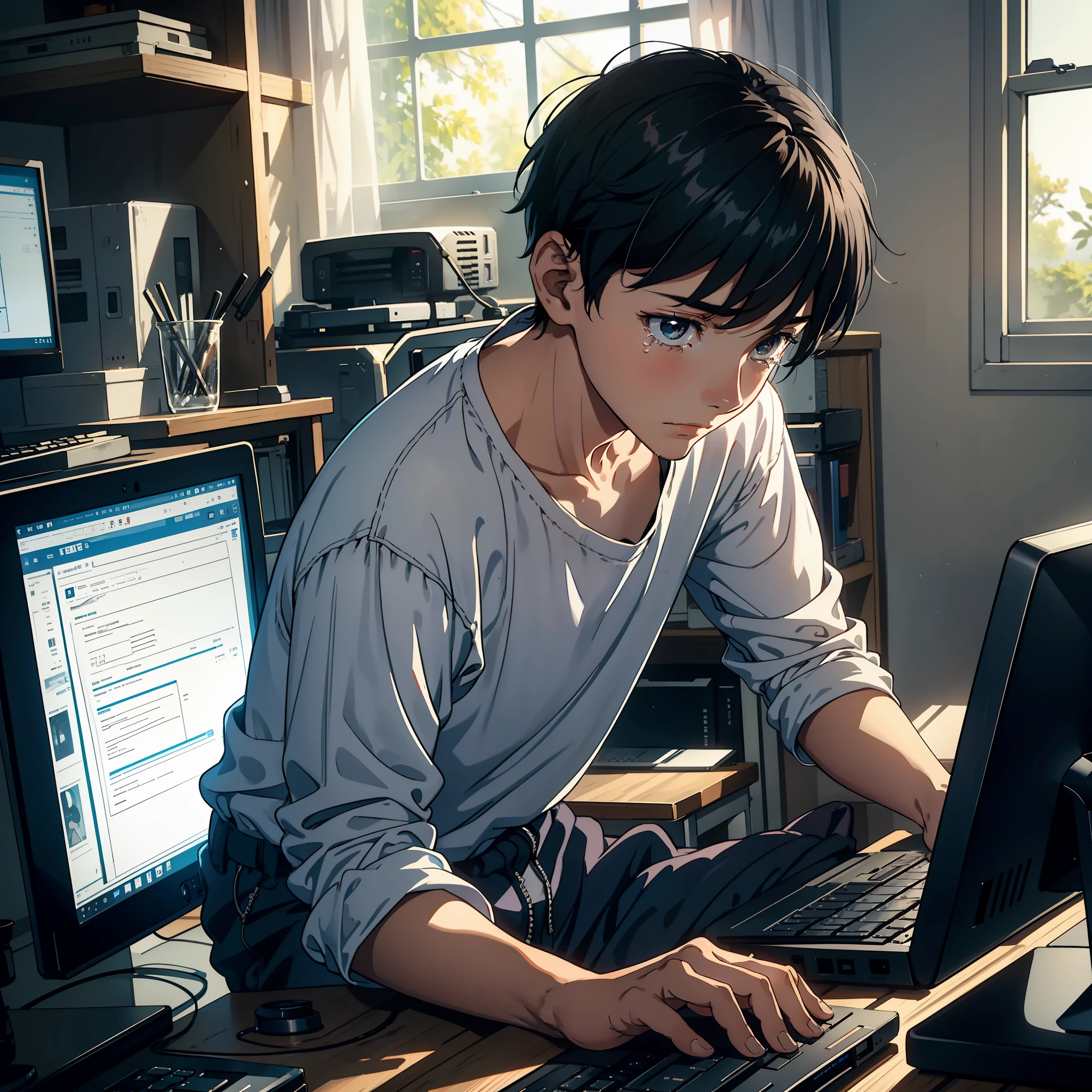 In the shabby room, a 16-year-old boy with tears in the corners of his eyes, short black hair, shabby clothes, and a sad expression, sat in front of the computer, looking at the computer screen