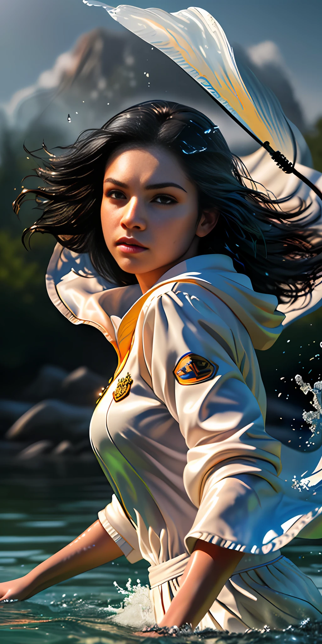 (8k, RAW photo, best quality, masterpiece:1.2), (realistic, photo-realistic:1.37), ultra-detailed, (high detailed skin:1.2), 8k uhd, dslr, soft lighting, high quality, photo of 22yr woman ,1girl , shirt with golden trim, white robes moving in the wind, long black hair, fully clothed, perfect face, concept art, detailed face and body, award-winning photography, detailed face, backlight, ultrarealistic, ray tracing, intense gaze, looking at viewer, cinematic lighting, embers, fantasy, action pose, water splash, mist
, RAW photo, 8k uhd