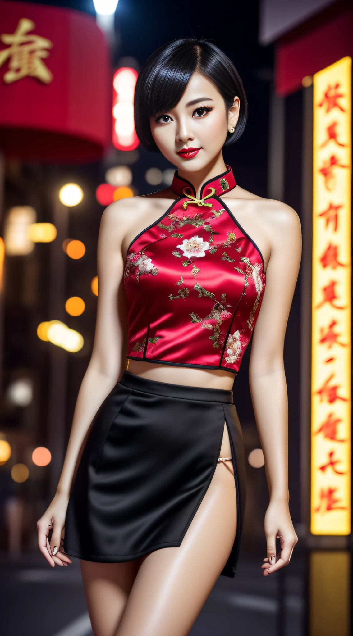 young women，closeup photography, appeal, short hair, black hair, make up, red lips, Hong Kong at night background, cheongsam, skirt,  jewelry, looking at viewer, hyper realistic, {an extremely delicate and beautiful girl}, 8k wallpaper, {{{masterpiece}}} (whole body: 0.9), Frontal standing posture, Place hands vertically on both sides of the body，walk，