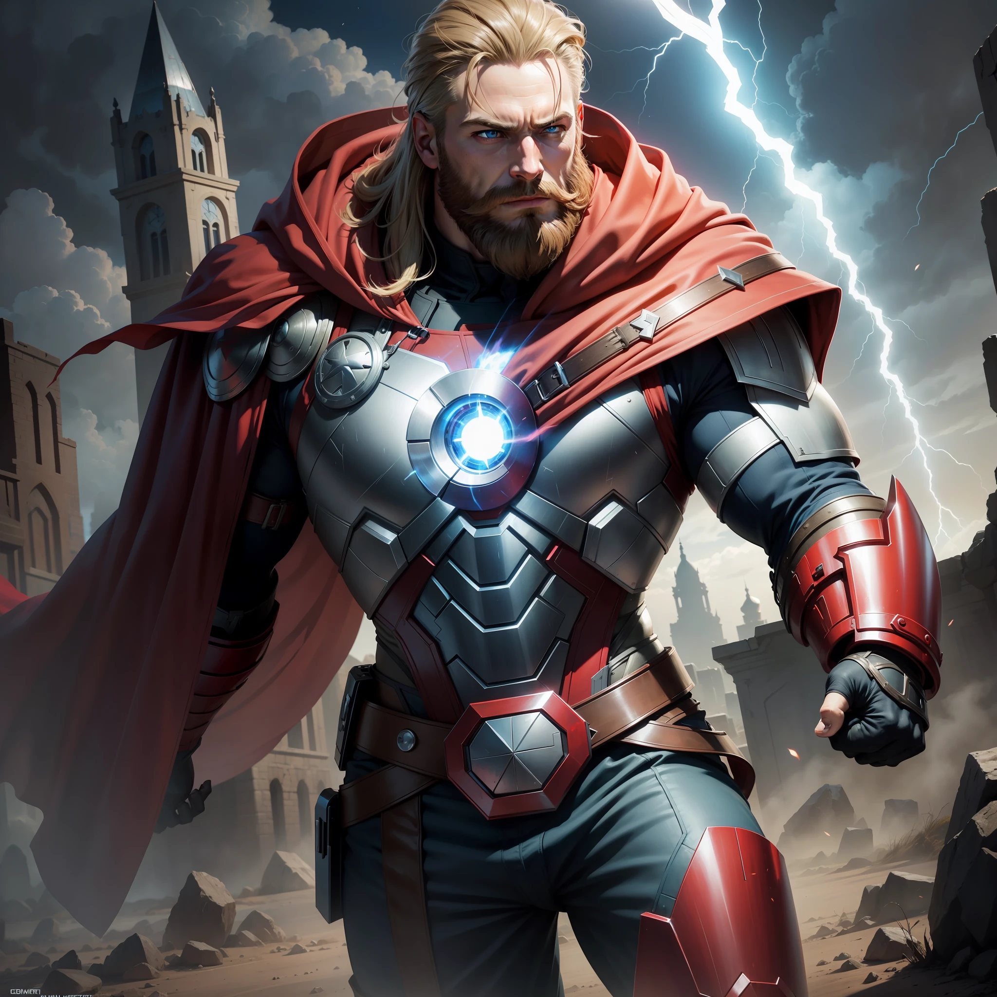 Chris Hemworth, Avengers, Mighty Thor, Short-haired, Beard, Hammer, Heavy Armor, Red Cloak, Lightning Runs, Masterpiece, Top Quality, Light Blue Eyes