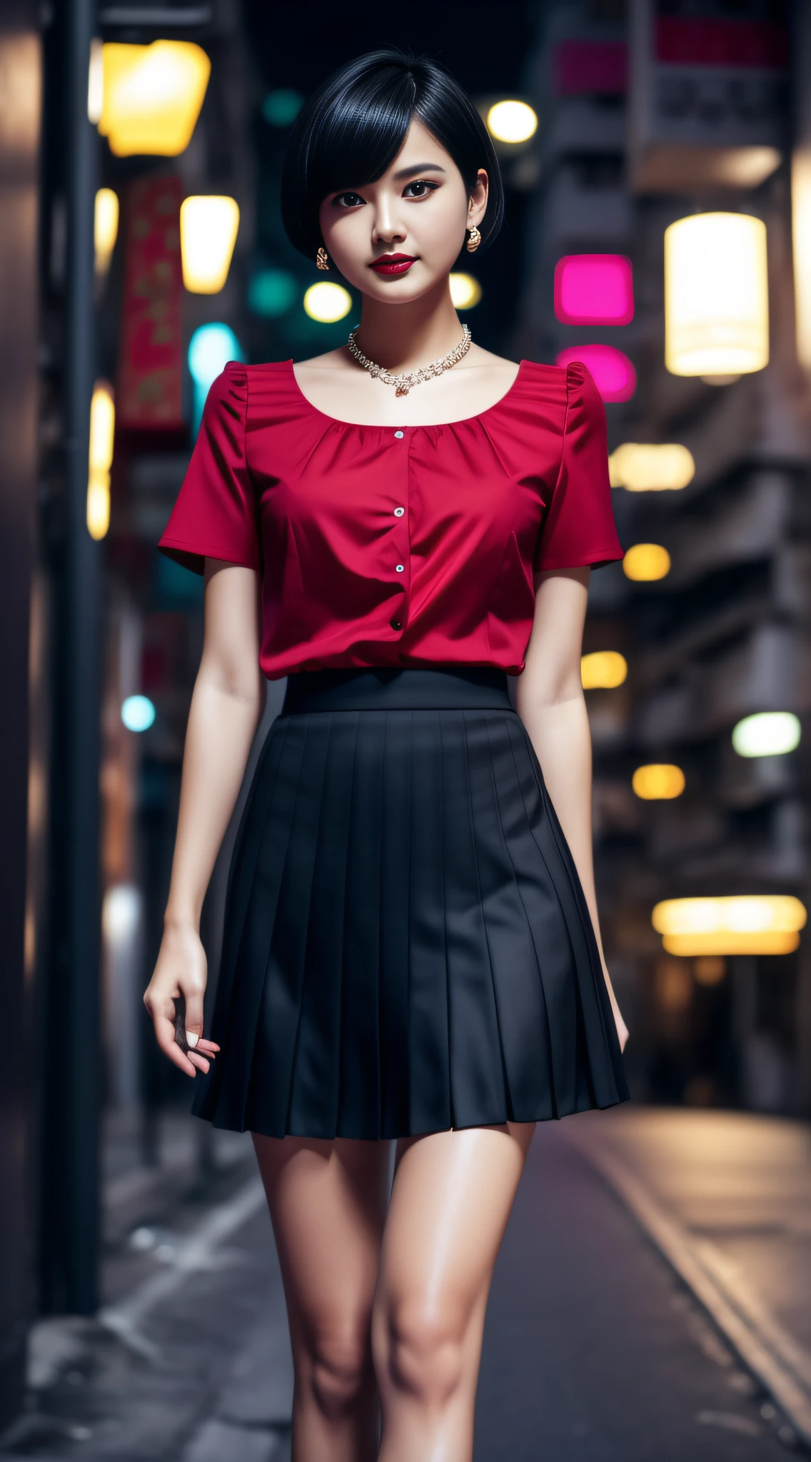 young women，closeup photography, appeal, short hair, black hair, make up, red lips, Hong Kong at night background, shirts，Pleated skirt：Shirt, pleated skirt,  jewelry, looking at viewer, hyper realistic, {an extremely delicate and beautiful girl}, 8k wallpaper, {{{masterpiece}}} (whole body: 0.9), standing posture, Place hands vertically on both sides of the body，walk，