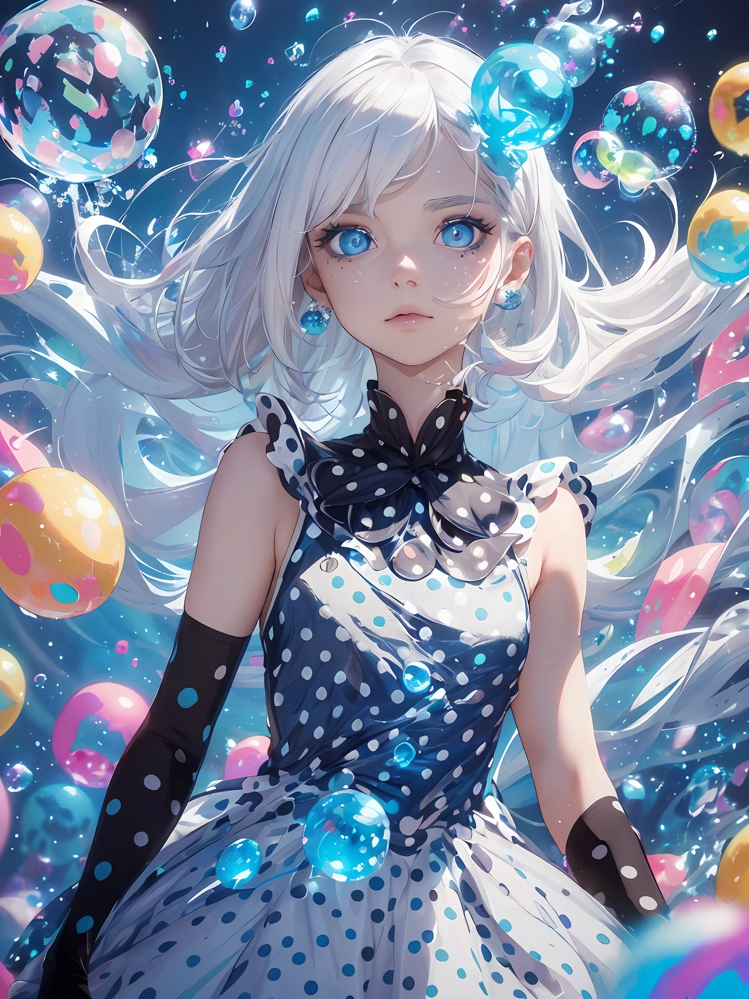 (black leotard: 1.9), (white hair: 1.8), (pink and light blue: 1.8), (polka dots 1.6)))), (painting: 1.6), frontal, cartoon, illustration, painting, big eyes, crystal clear eyes, (short hair: 1.7), exquisite makeup, mouth closed, (small fresh: 1.5), (wipe chest: 1.6), sun shoulder, looking at the audience, big eyes, (white hair:1.6), Color Splash, (Solo: 1.8), , Messy Lines, (((Glowing)), , Polka Dots, Upper Body, Paint Splash, Immaculate Skin, Gradient, Paint, Best Quality, Best Quality, Masterpiece, Solo, Depth of Field, Witch, Gorgeous, (Elegant: 1.2), Chambon Balls: 1.4), (Masterpiece)))), (Best Quality))), (Ultra Detailed)), ( Illustration), (Dynamic Angle), (((Floating)), (Paint), (((disheveled hair)), (Solo), (1 girl), (Detailed anima face))), (((Beautiful detailed face)), Collar, Bare shoulders, White hair, (((White hair)), (((((Polka dot dress)), Beautiful detailed eyes, (Emenardo blue eyes))))), ((Millennial color lots of soap bubbles in the background))) , (((((High Saturation))))), (((Surrounded by a lot of soap bubbles that are millennial blue)))), Soap bubbles with bright light, shining, shining, hawk-like eyes, body painting, body painting, black headbands