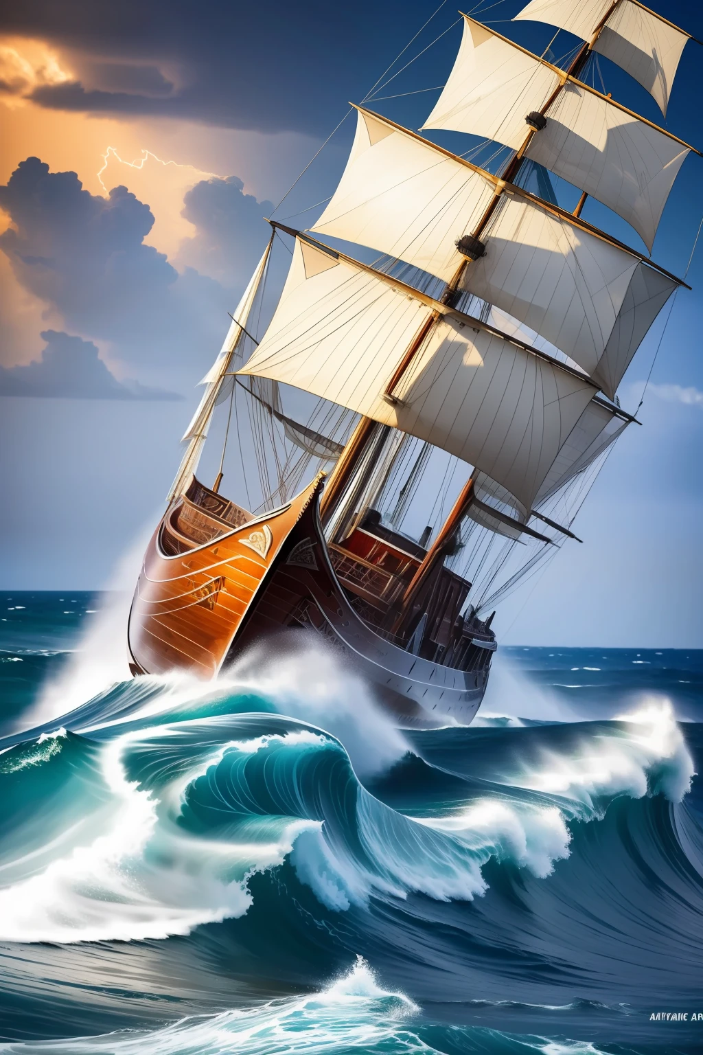 An epic, high-quality plot, a large-scale caravel in a raging ocean, a threatening storm, a dynamic angle, water spray, volumetric light, magnificent waves.
