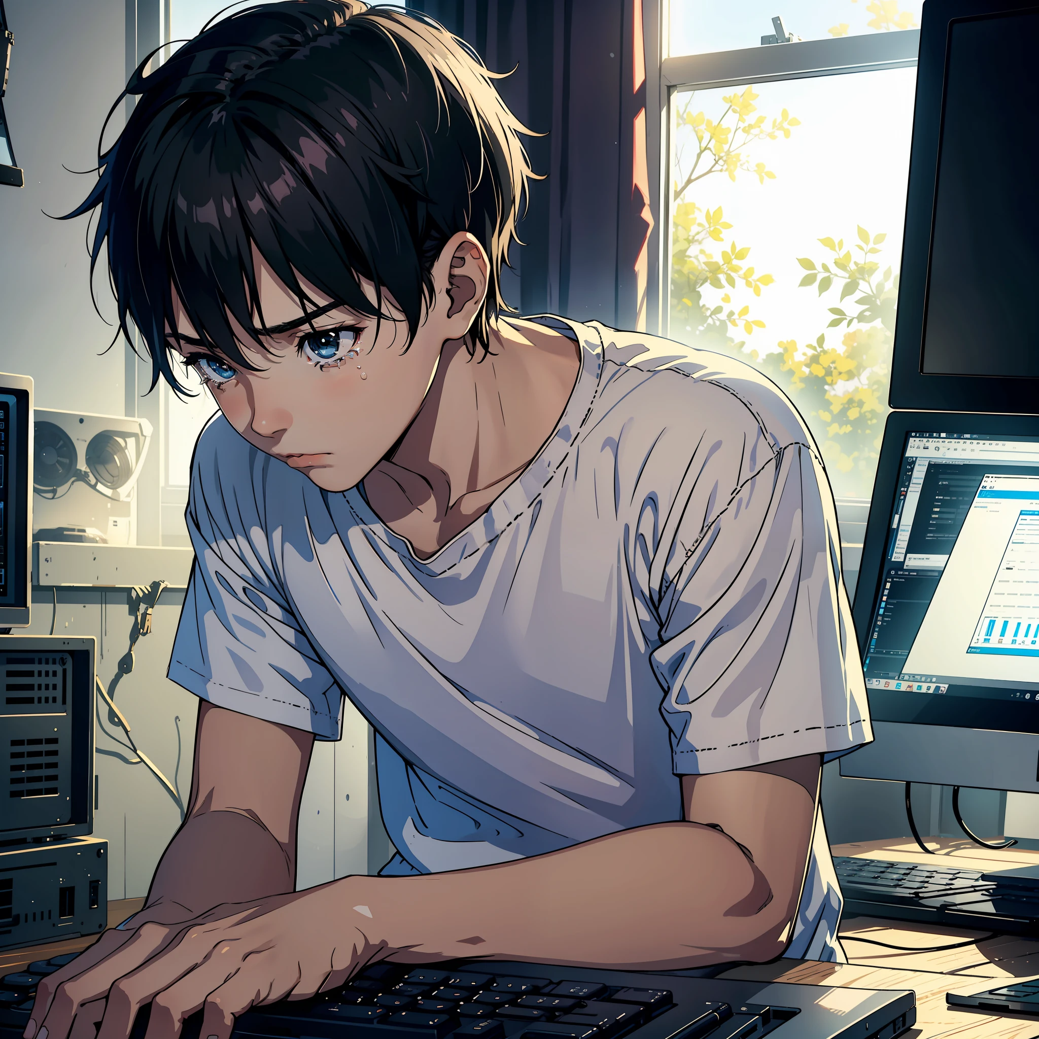 In the shabby room, a -yeld boith tears in the corners of his eyes, short black hair, white T-shirt, shabby clothes, sad expression, sitting in front of the computer, looking at the computer screen