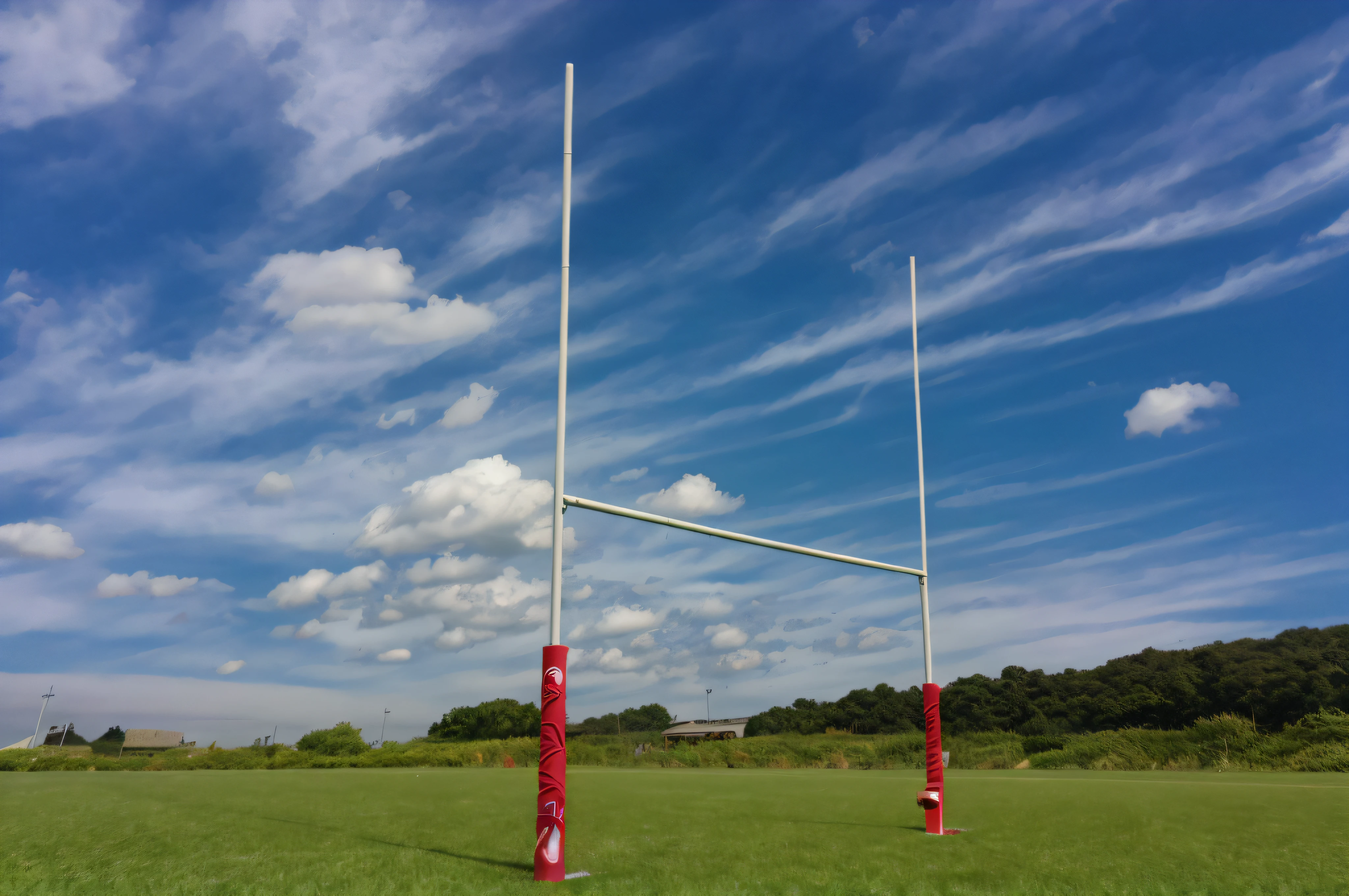 There is a football goalpost in the middle of the field, view from the ground, view from the ground, view from the ground, ground view shot, low angle wide shot, interrupt the big game, beginner, photo taken from the ground, sports setting, green, photo taken from the ground, photo seen from the ground