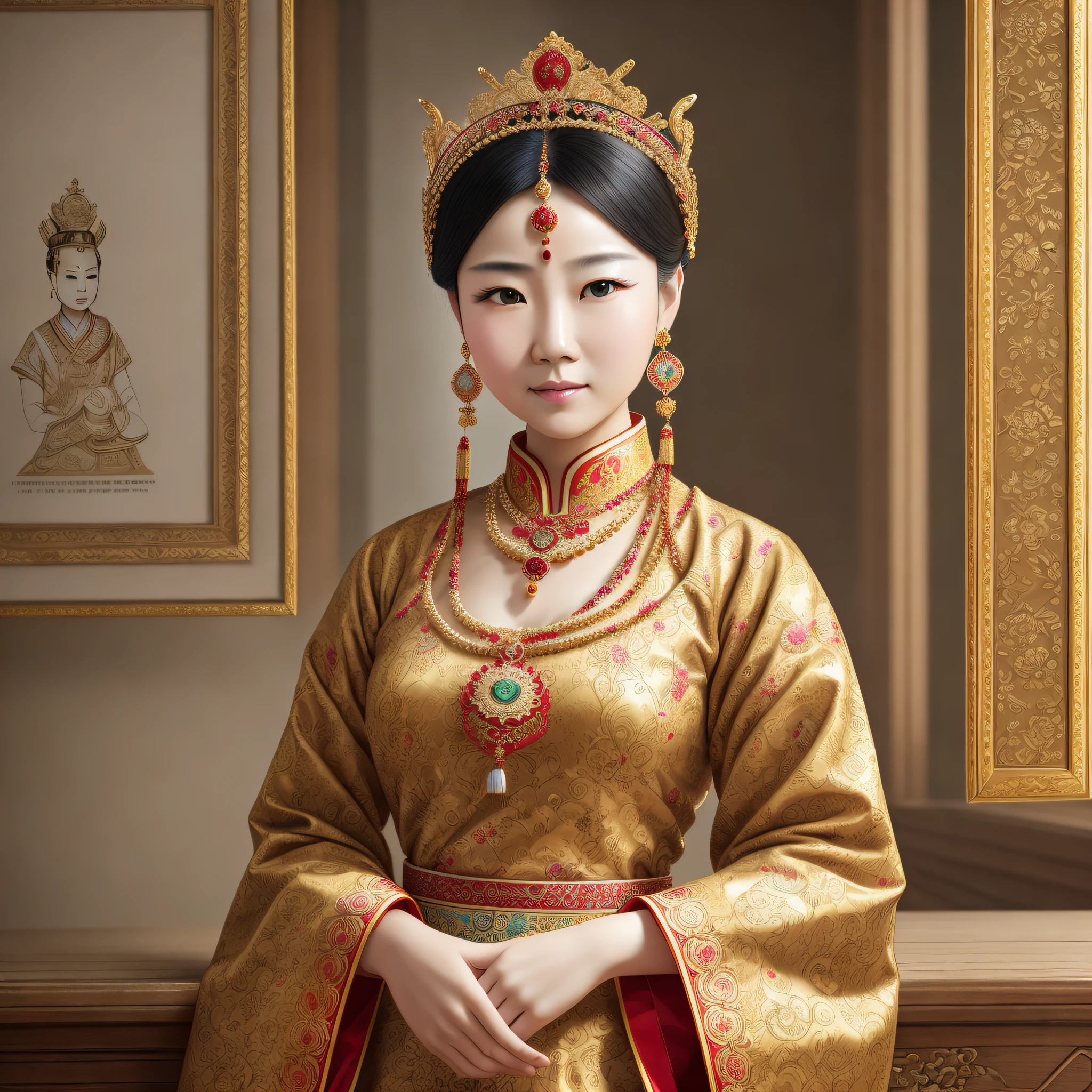 Chinese queen, crown on head, earrings on ear, necklace, traditional china clothing, picture frame, blurred background, realistic shadow, realistic light, highly detailed, HDR, hyper realistic