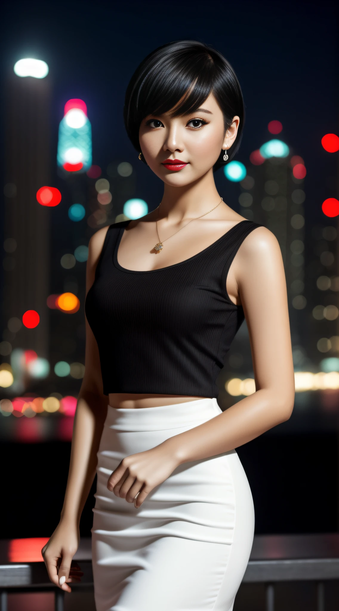 young women,closeup photography, appeal, short hair, black hair, make up, red lips, Hong Kong at night background, Shirt, Pencil skirt, jewelry, looking at viewer, hyper realistic, {an extremely delicate and beautiful girl}, 8k wallpaper, {{{masterpiece}}} (whole body: 0.9), standing posture, Place hands vertically on both sides of the body,walk,