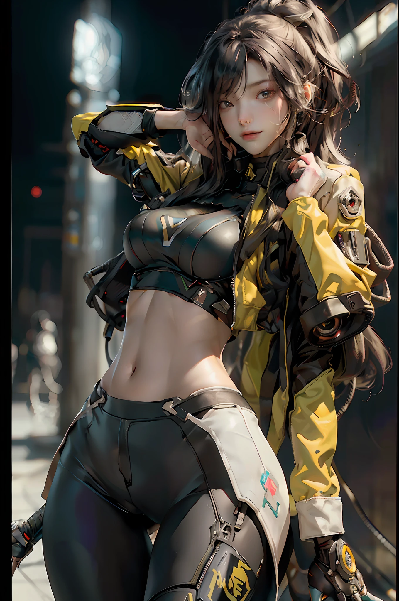 (Best Quality), ((Masterpiece)), (Detail: 1.4), 3D, (A Beautiful Cyberpunk Style Female Image: 1.5), ((Sexy Mature Woman)), (Multiple Poses), HDR (High Dynamic Range), Ray Tracing, NVIDIA RTX, Super-Resolution, Unreal 5, Subsurface Scattering, PBR Texture, Post-processing, Anisotropic Filtering, Depth of Field, Maximum Sharpness and Clarity, Multi-layered textures, albedo and highlight maps, surface shading, precise simulation of light-material interactions, perfect proportions, perfect figure, Octane Render, two-color light, large aperture, low ISO, white balance, rule of thirds, 8K RAW, big breasts, long black hair, delicate facial features, black mixed yoga pants mecha style, yellow graffiti background