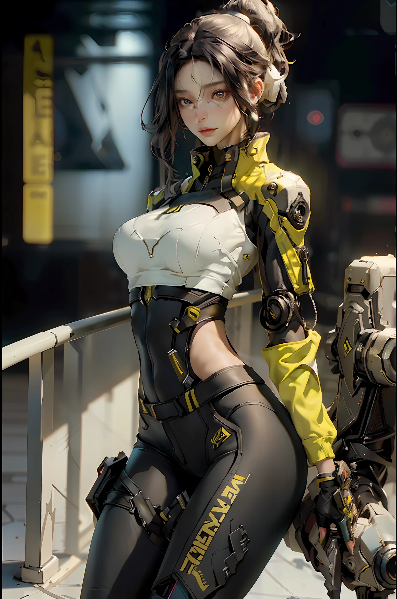 (Best Quality), ((Masterpiece)), (Detail: 1.4), 3D, (A Beautiful Cyberpunk Style Female Image: 1.5), ((Sexy Mature Woman)), (Multiple Poses), HDR (High Dynamic Range), Ray Tracing, NVIDIA RTX, Super-Resolution, Unreal 5, Subsurface Scattering, PBR Texture, Post-processing, Anisotropic Filtering, Depth of Field, Maximum Sharpness and Clarity, Multi-layered textures, albedo and highlight maps, surface shading, precise simulation of light-material interactions, perfect proportions, perfect figure, Octane Render, two-color light, large aperture, low ISO, white balance, rule of thirds, 8K RAW, big breasts, long black hair, delicate facial features, black mixed yoga pants mecha style, yellow graffiti background