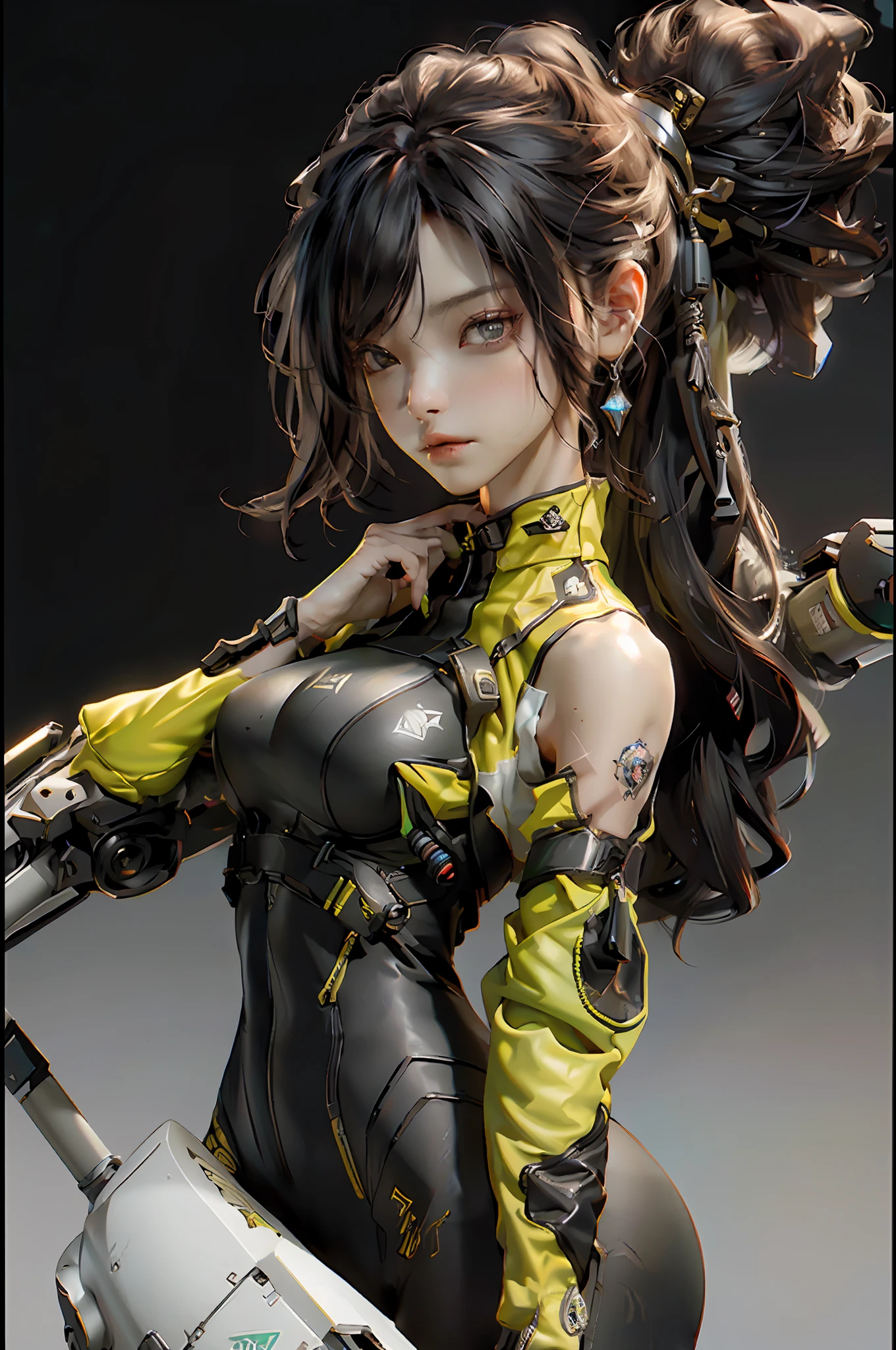 (Best Quality), ((Masterpiece)), (Detail: 1.4), 3D, (A Beautiful Cyberpunk Style Female Image: 1.5), ((Sexy Mature Woman)), (Multiple Poses), HDR (High Dynamic Range), Ray Tracing, NVIDIA RTX, Super-Resolution, Unreal 5, Subsurface Scattering, PBR Texture, Post-processing, Anisotropic Filtering, Depth of Field, Maximum Sharpness and Clarity, Multi-layered textures, albedo and highlight maps, surface shading, precise simulation of light-material interactions, perfect proportions, perfect figure, Octane Render, two-color light, large aperture, low ISO, white balance, rule of thirds, 8K RAW, big breasts, long black hair, delicate facial features, black mixed yoga pants mecha style, yellow graffiti background