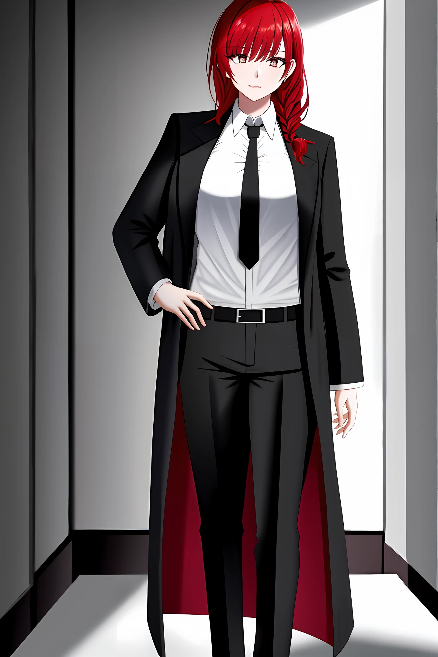 Redhead, white skin, wearing a black coat, a white shirt underneath, a black tie, a D cup, black silk red pupils on the legs