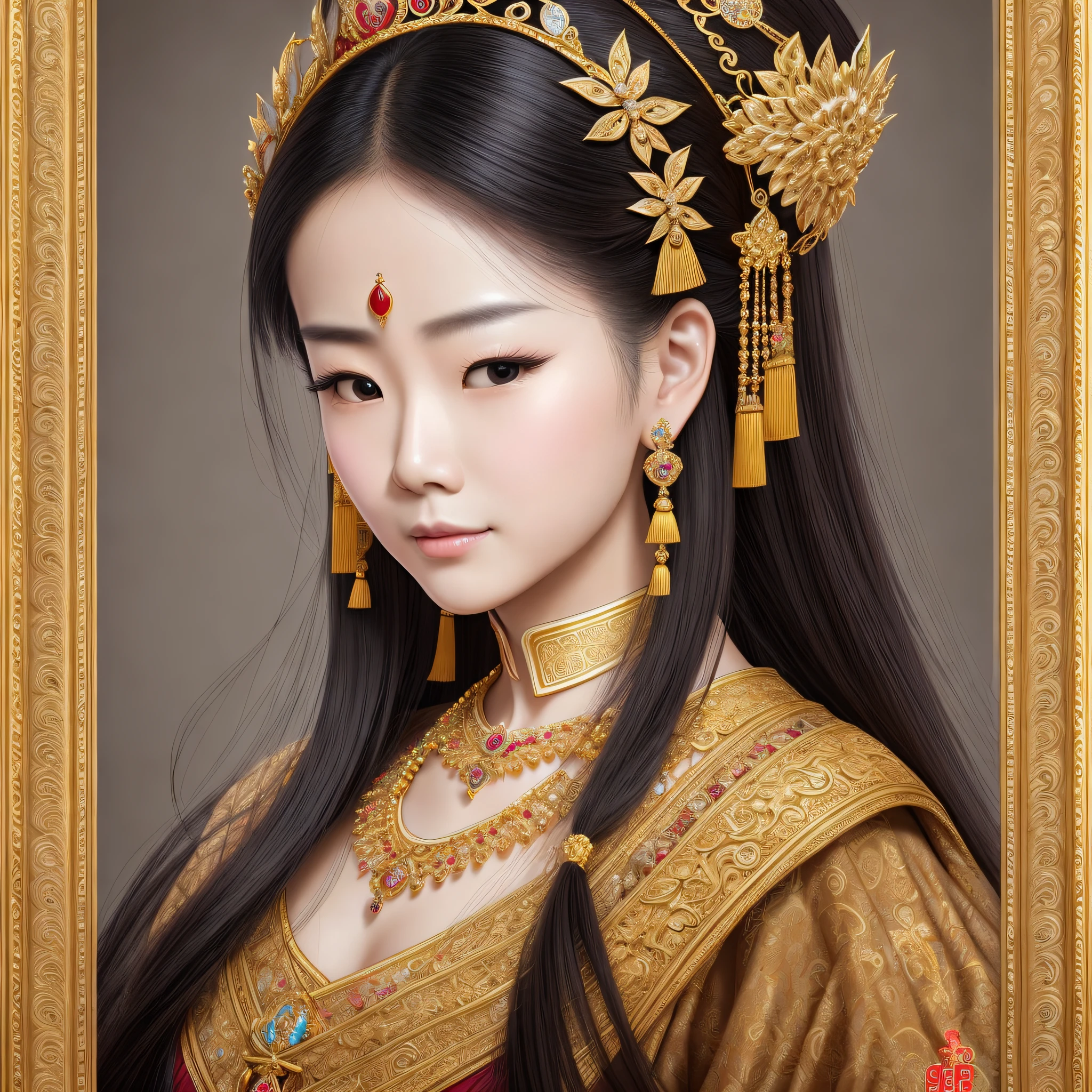 Chinese queen, crown on head, earrings on ear, necklace, traditional china clothing, picture frame, blurred background, realistic shadow, realistic light, highly detailed, HDR, hyper realistic