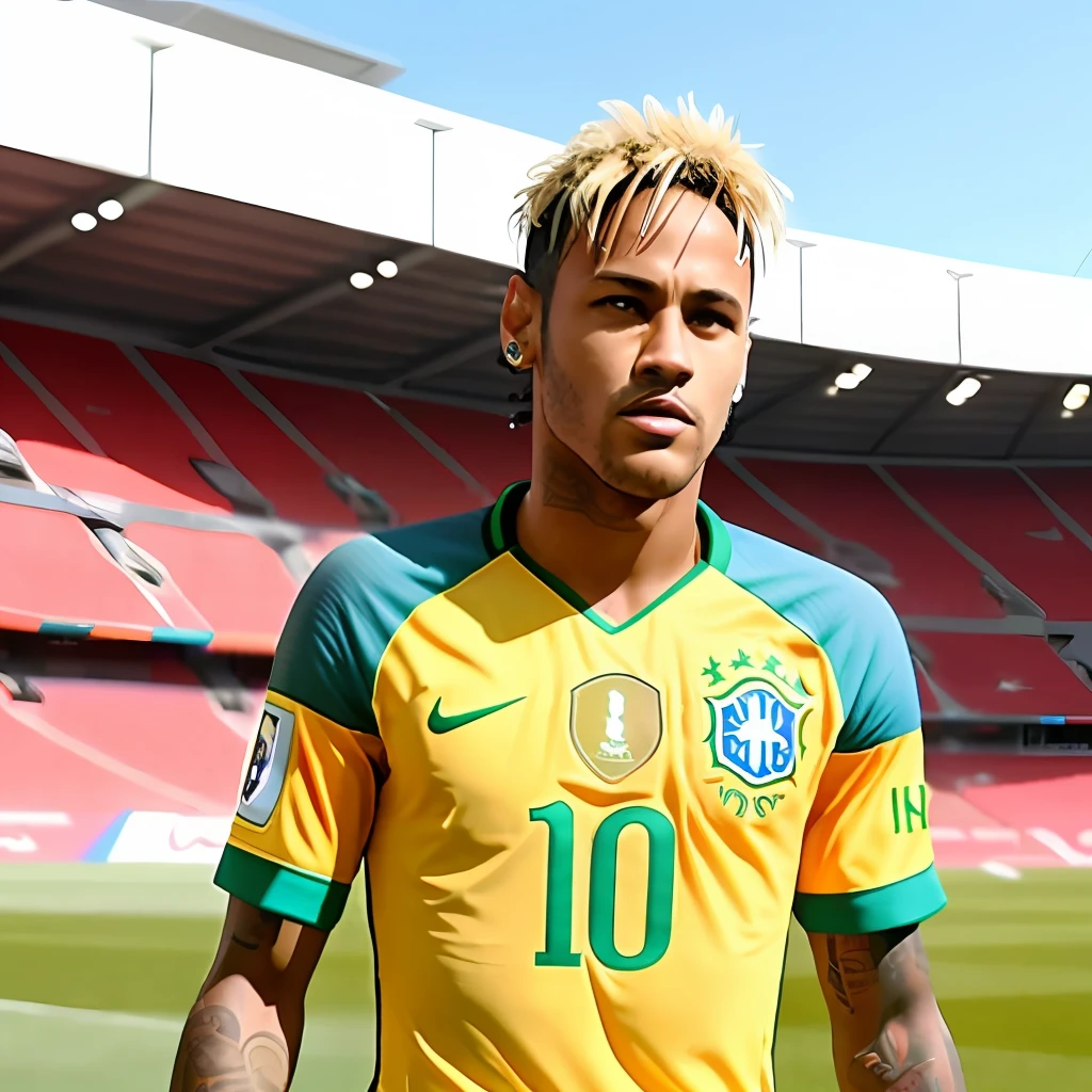 neymar, jultra realistic shirt of Brazil in the field, looking at the camera with muicano hair