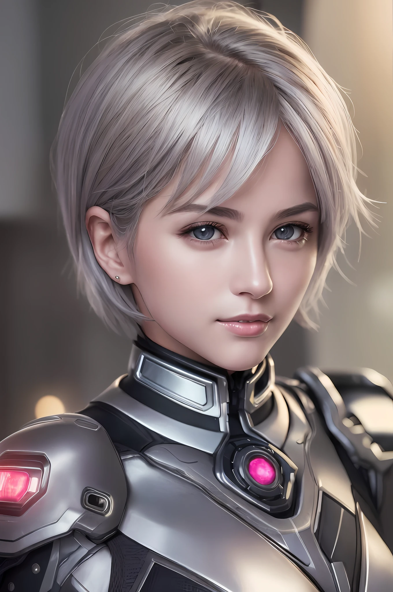 (8k, photorealistic, RAW photo, top quality: 1.4), (1girl), super beautiful, (realistic face), (boyish, silver-colored berry short hair), beautiful cyberpunk suit, glares seducing viewer, beautiful expression, beautiful breasts, (realistic skin), beautiful smile, (soldier), attractive, ultra high resolution, ultra realistic, high definition, spoiled