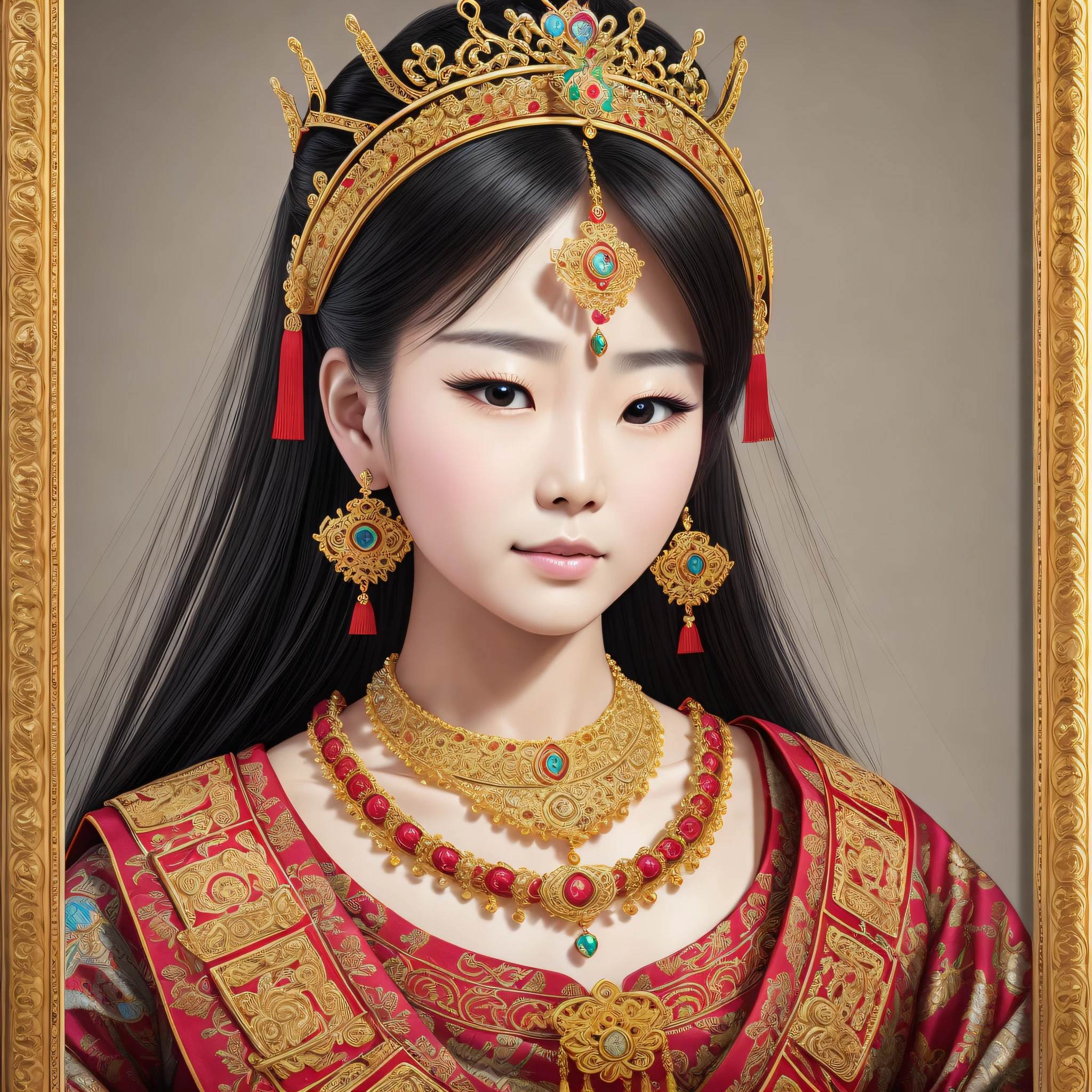 Chinese queen, crown on head, earrings on ear, necklace, traditional china clothing, picture frame, blurred background, realistic shadow, realistic light, highly detailed, HDR, hyper realistic